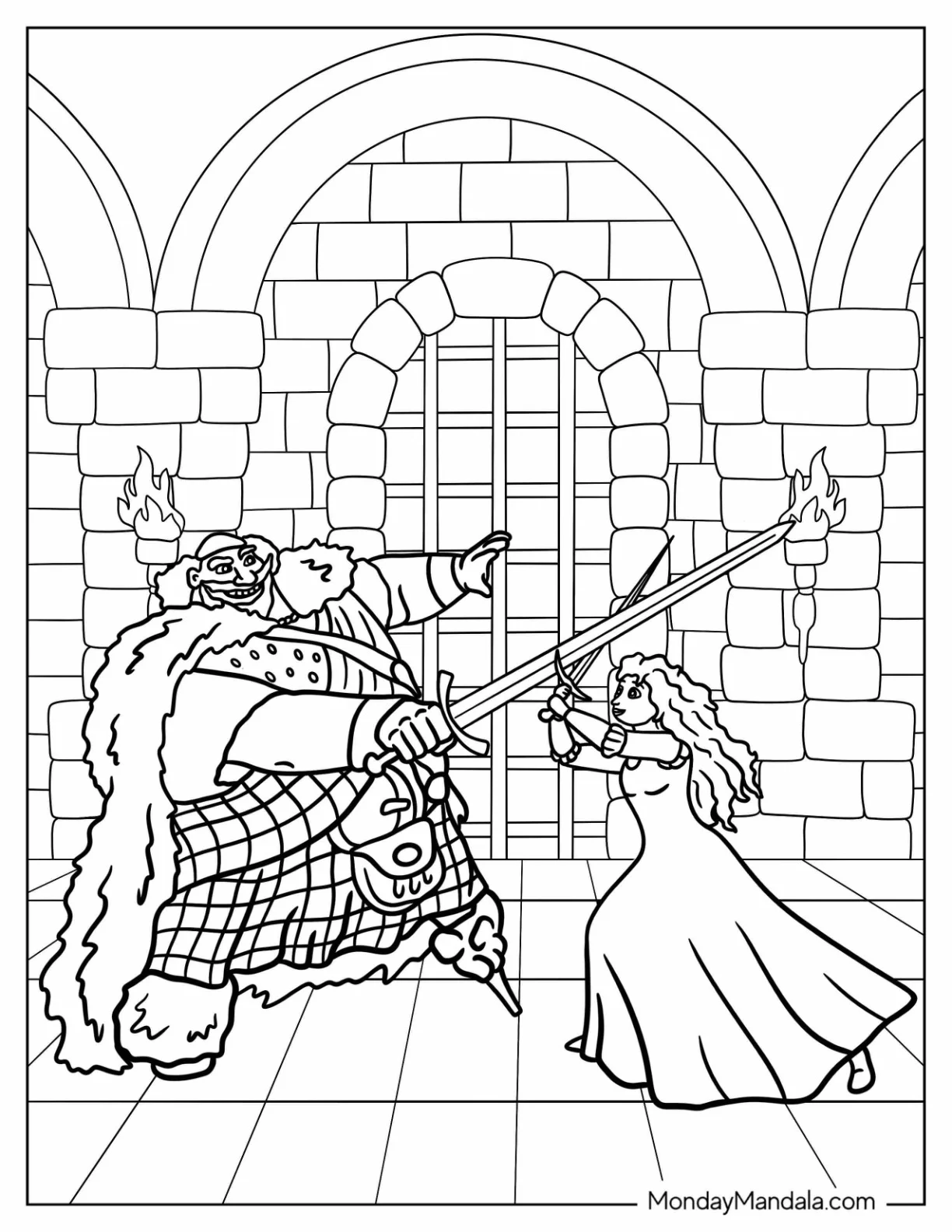 Merida Coloring Page Fighting King Angus With Sword coloring page — printable line art