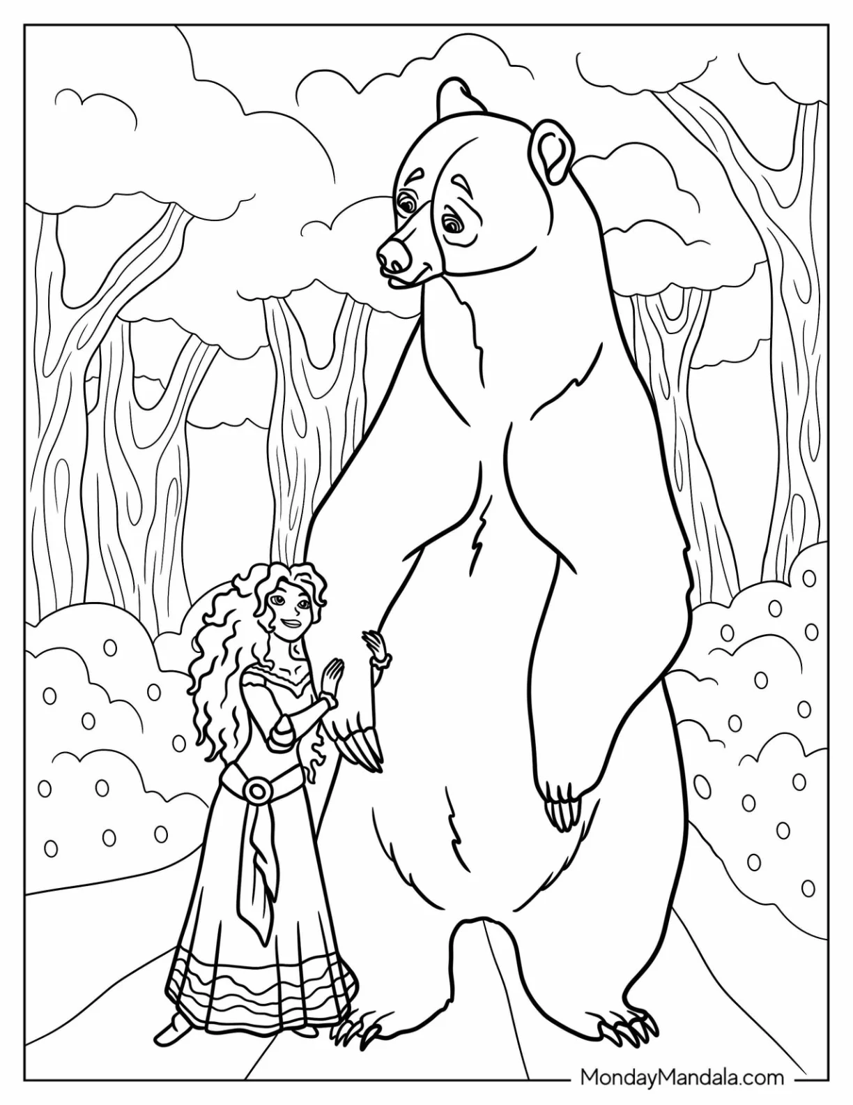 Merida Coloring Page Holding Arm Of Bear Queen Elinor coloring page — printable line art