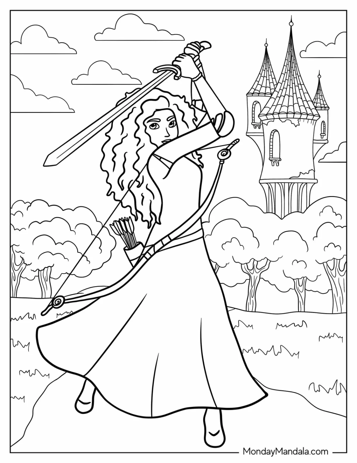 Merida Coloring Page Holding Sword Outside Castle coloring page