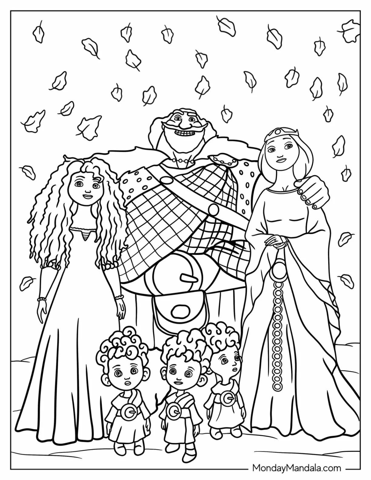 Merida Coloring Page Of King Fergus, Queen Elinor, And Harris, Hubert and Hamish coloring page