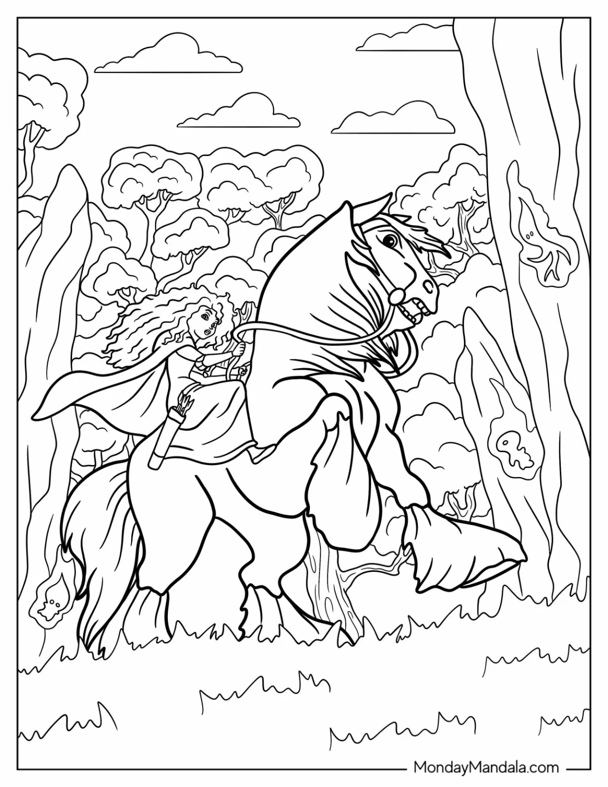 Merida Coloring Page Riding Horse In Magical Forest coloring page — printable line art
