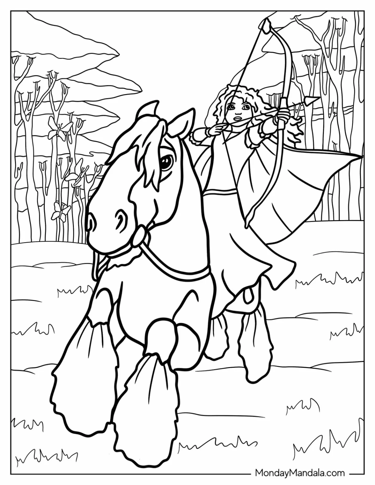 Merida Coloring Page Shooting Arrow While On Horse coloring page