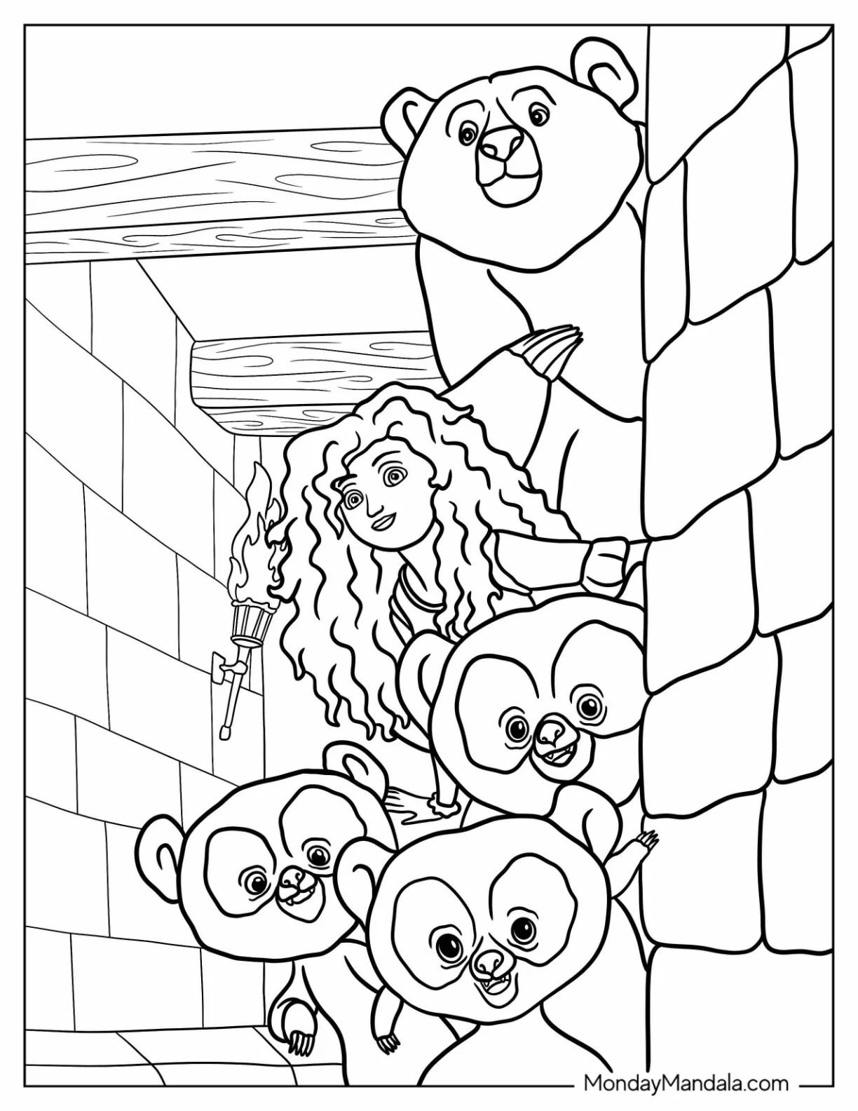 Merida Coloring Page With Bear Queen Elinor And Triplets coloring page