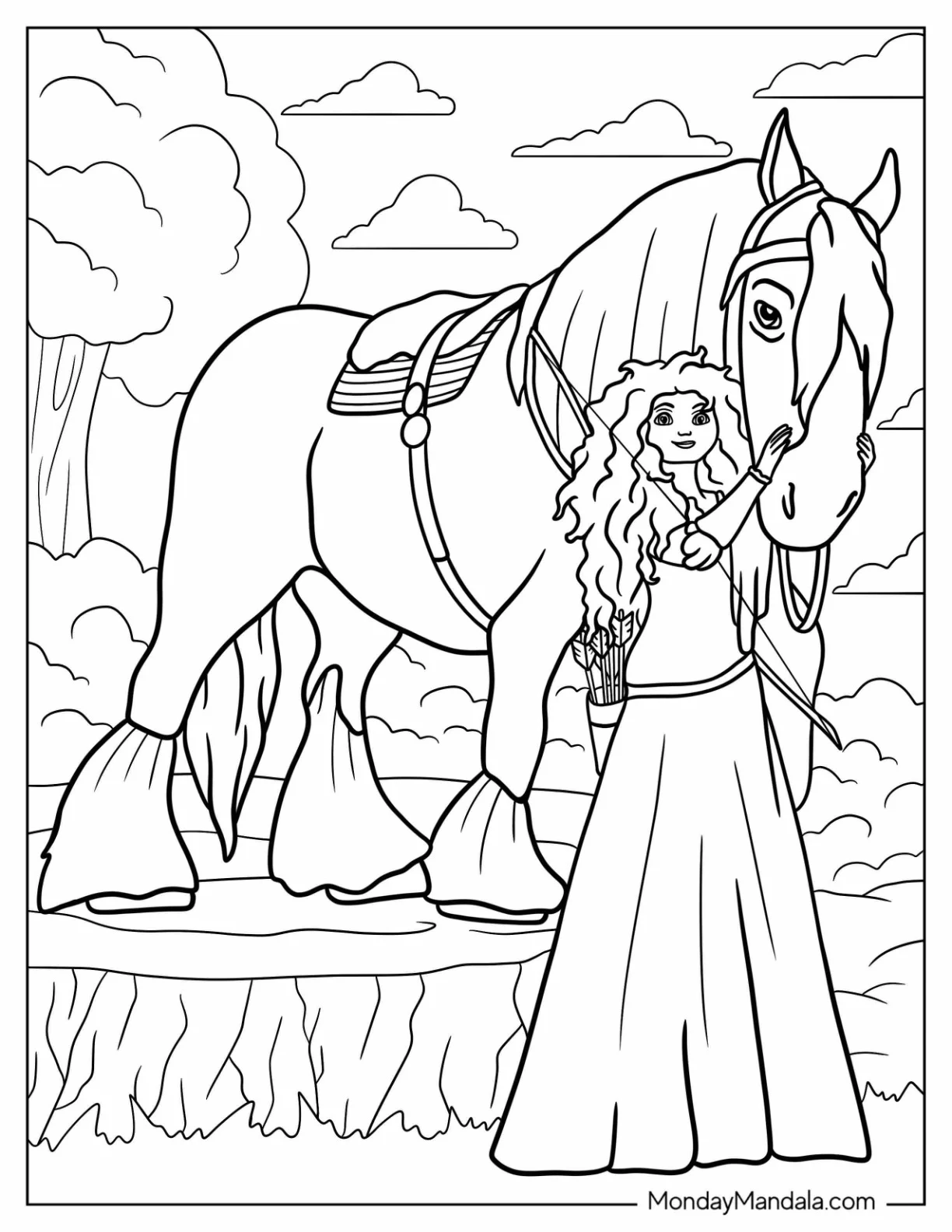 Merida Coloring Page With Her Horse Angus Coloring Sheet coloring page
