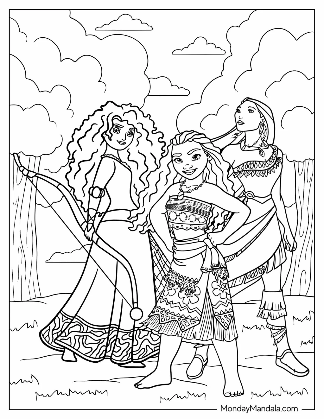 Merida Coloring Page With Moana And Pocahontas coloring page — printable line art