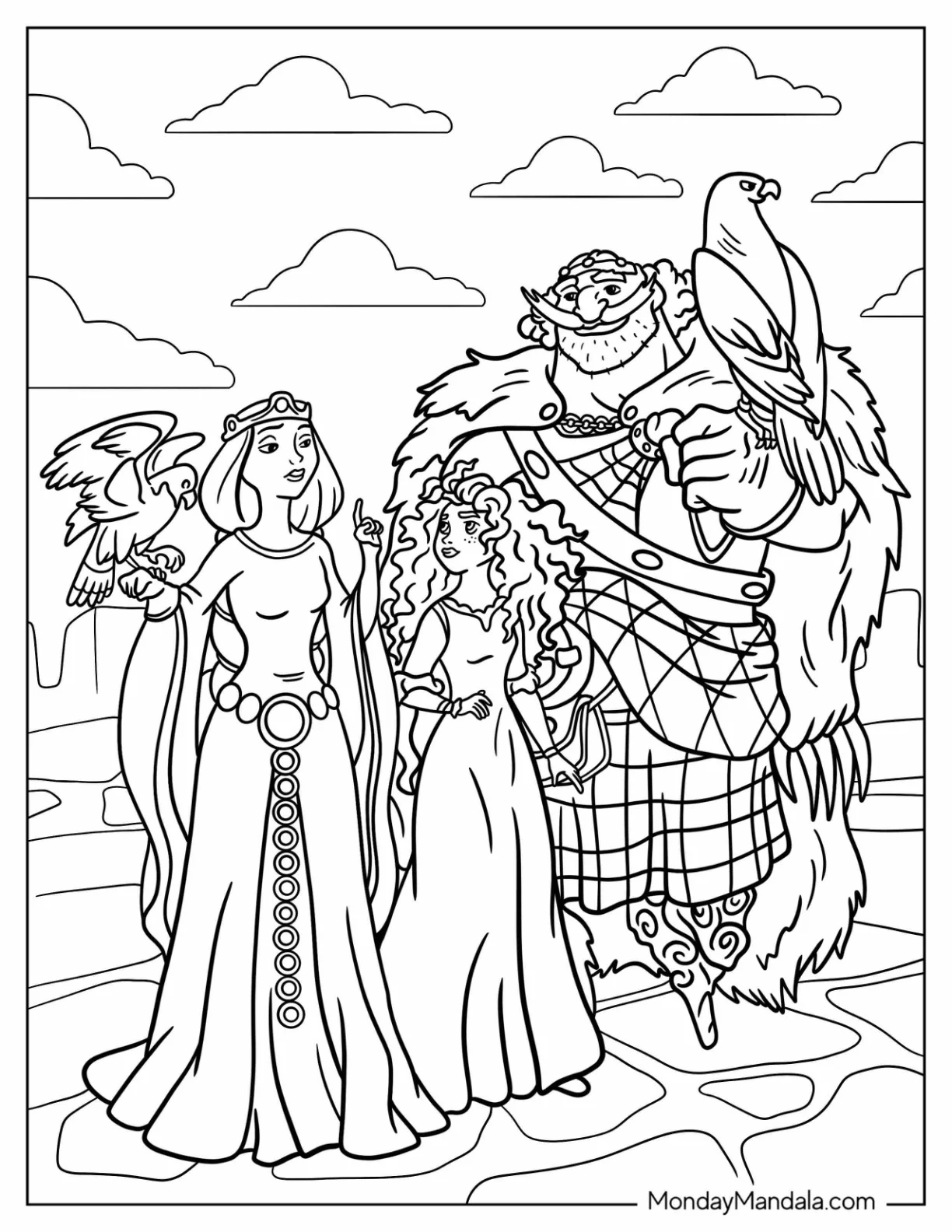 Queen Elinor And King Fergus Holding Eagles With Merida Coloring Page coloring page