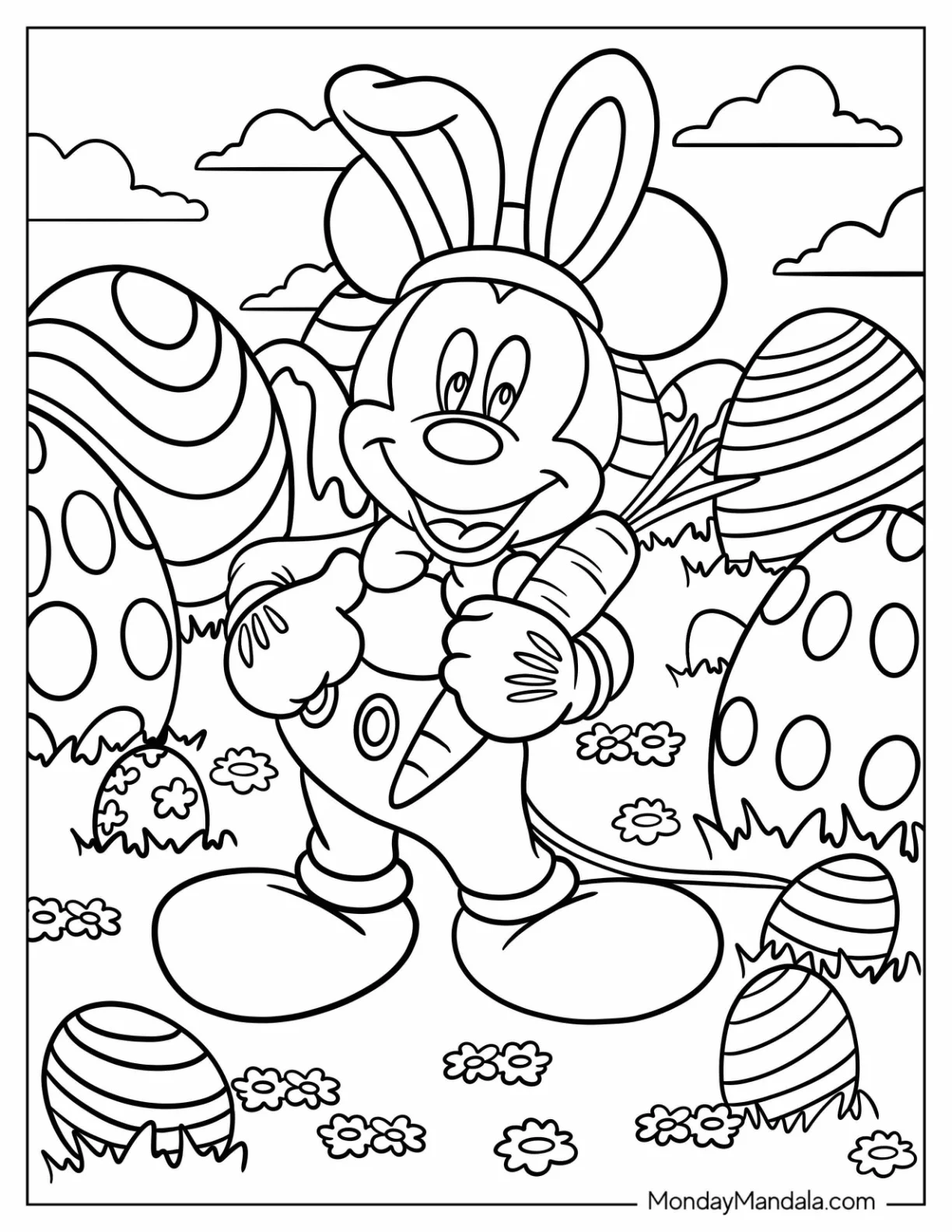 Bunny Mickey Mouse Coloring Page Holding A Large Carrot On Easter coloring page — printable line art