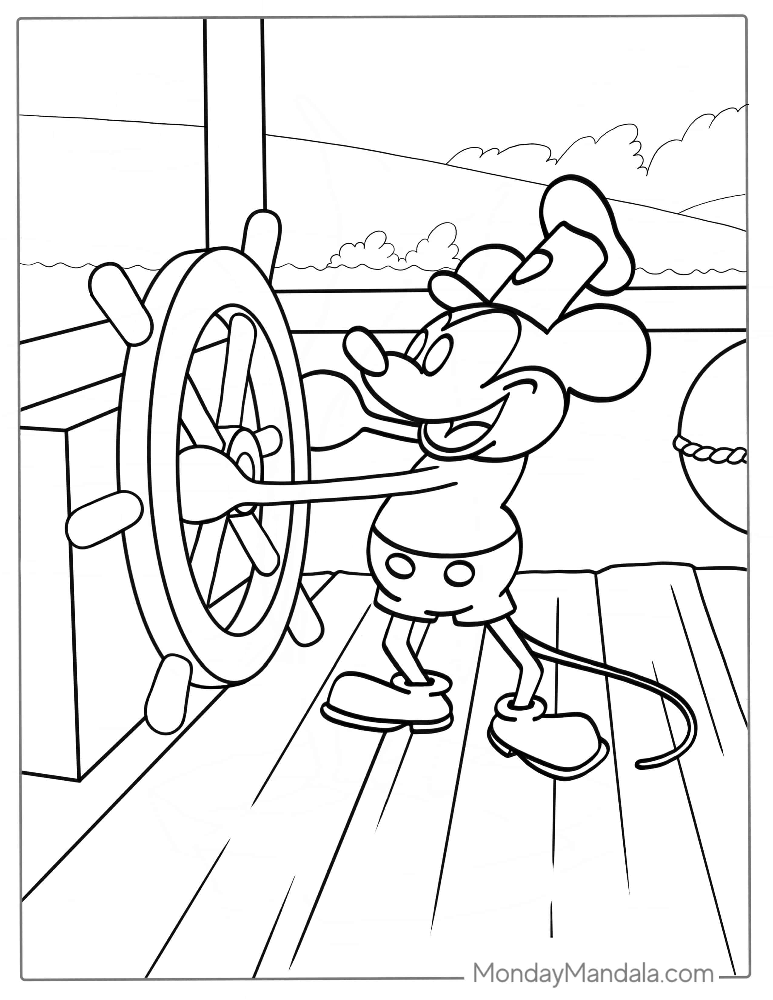 Coloring Page Of Vintage Mickey Mouse On Steam Boat coloring page