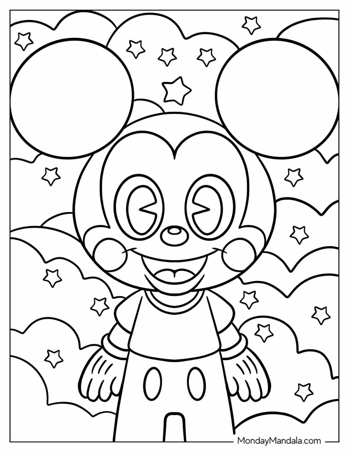 Cute Baby Mickey Mouse Coloring Page In A Starry Sky For Kids coloring page — printable line art