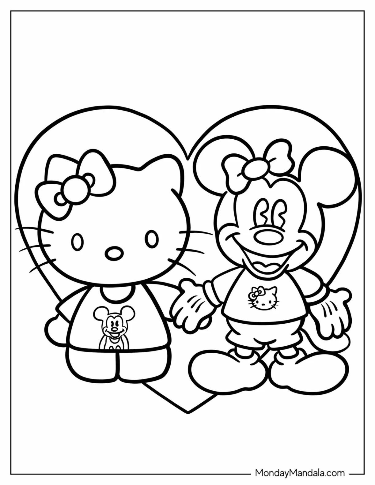 Cute Mickey Mouse Coloring Page Holding Hands With Hello Kitty For Kids coloring page — printable line art