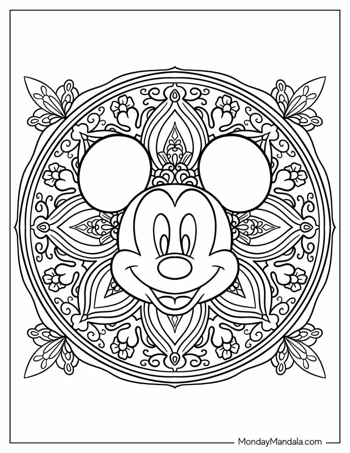 Detailed Mickey Mouse Coloring Page Floral Mandala coloring page — printable line art