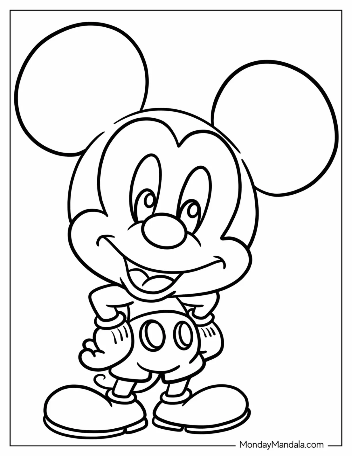 Kawaii Chibi Mickey Mouse Coloring Page With Hands On His Hips For Preschoolers coloring page — printable line art