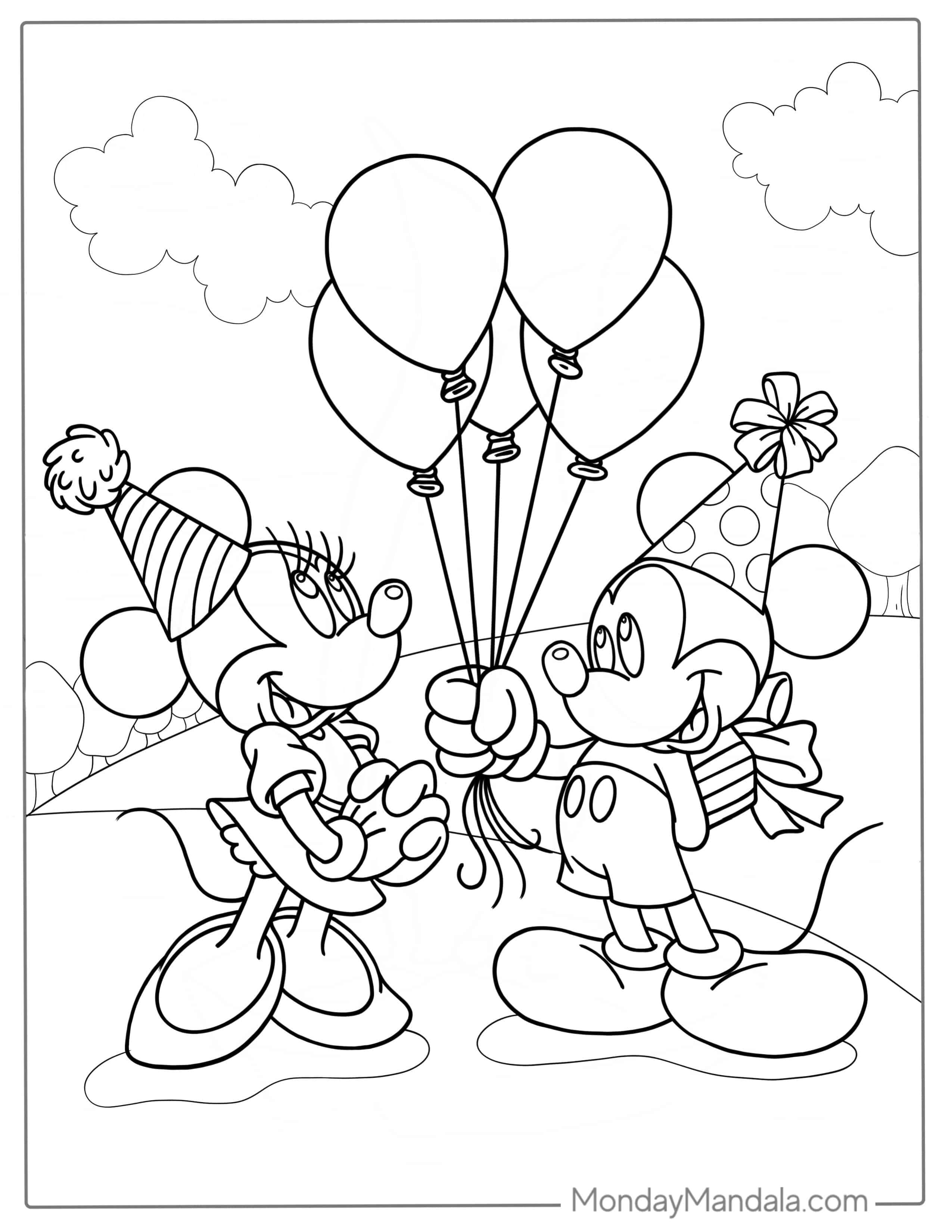 Mickey And Minnie With Birthday Balloons To Color coloring page