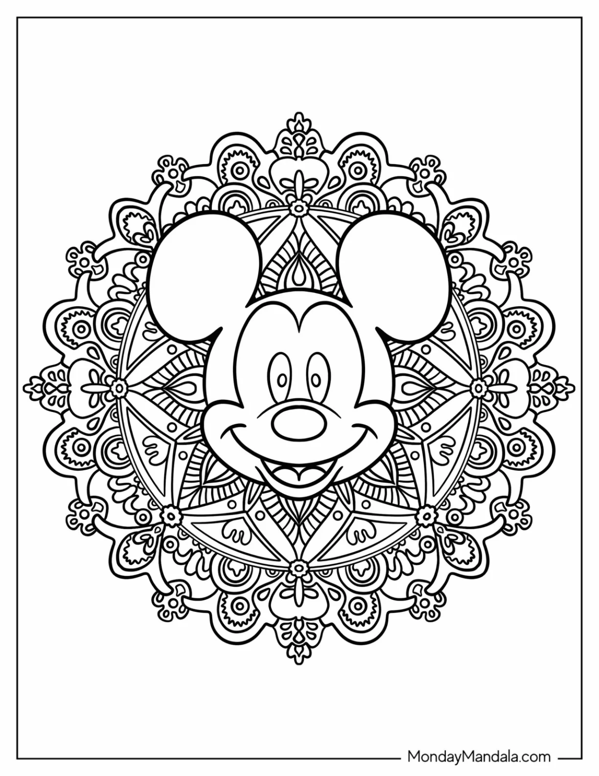 Mickey Mouse Coloring Page At The Center Of An Intricate Mandala coloring page