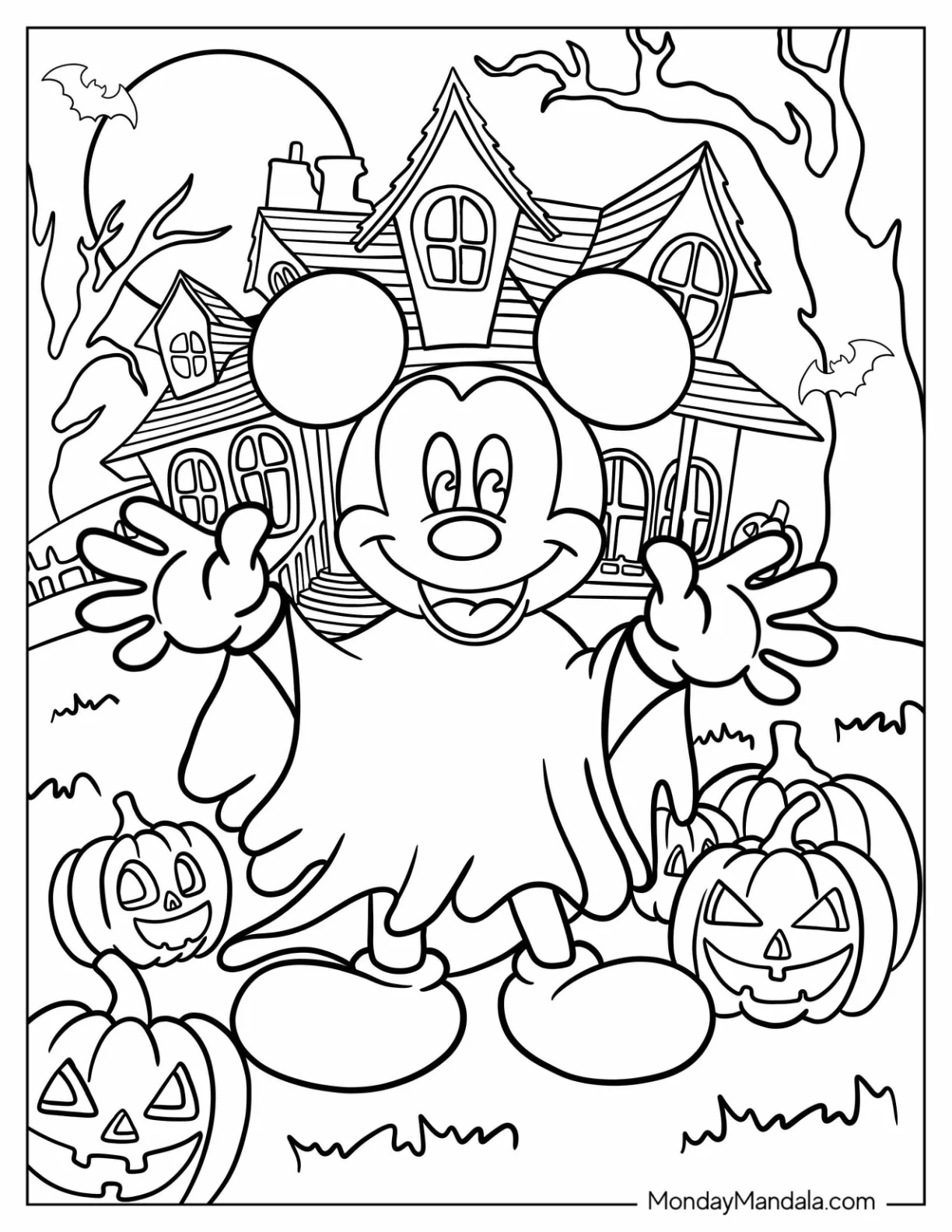 Mickey Mouse Coloring Page Dressed As a Ghost In Front Of A Haunted House coloring page — printable line art