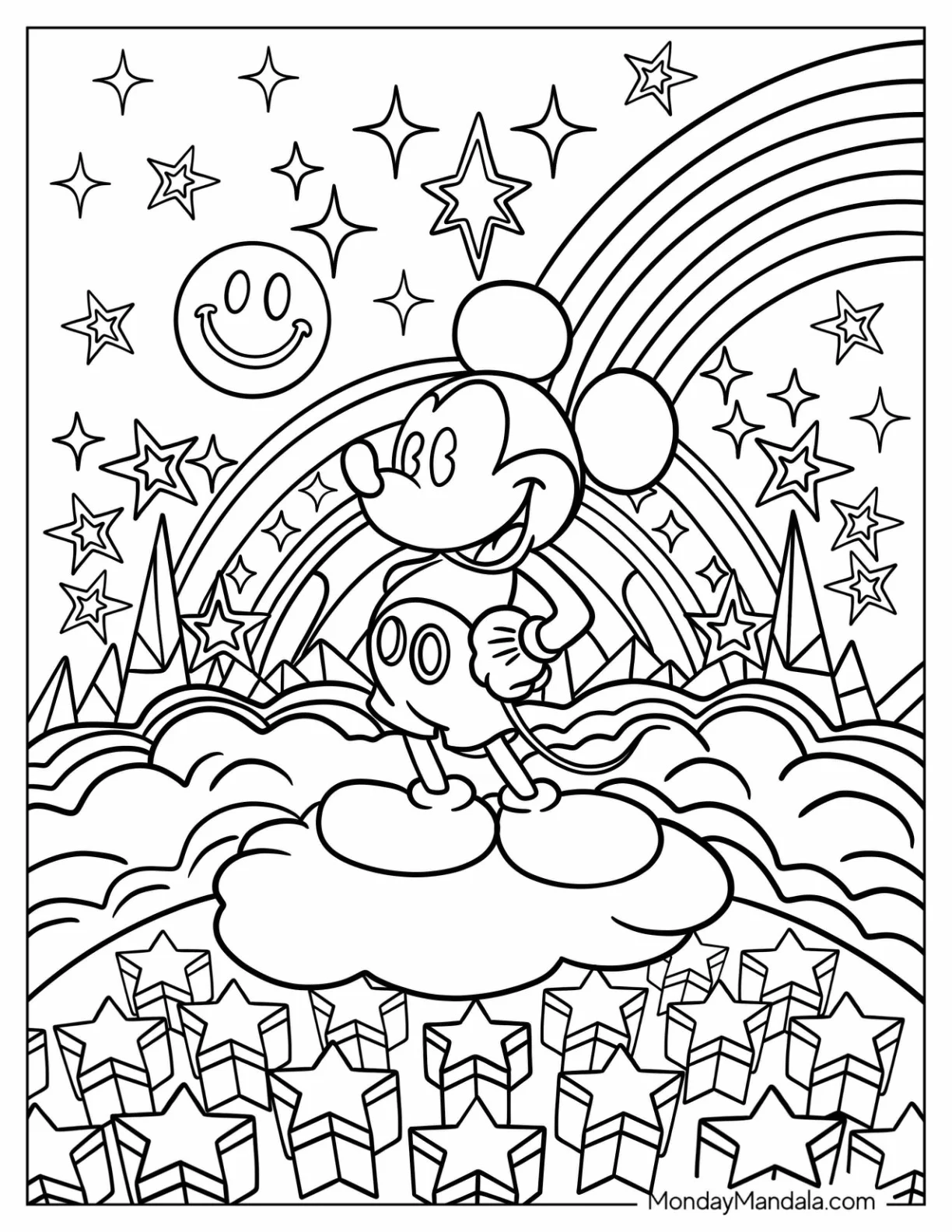 Mickey Mouse Coloring Page Standing On A Cloud In Trippy Landscape coloring page