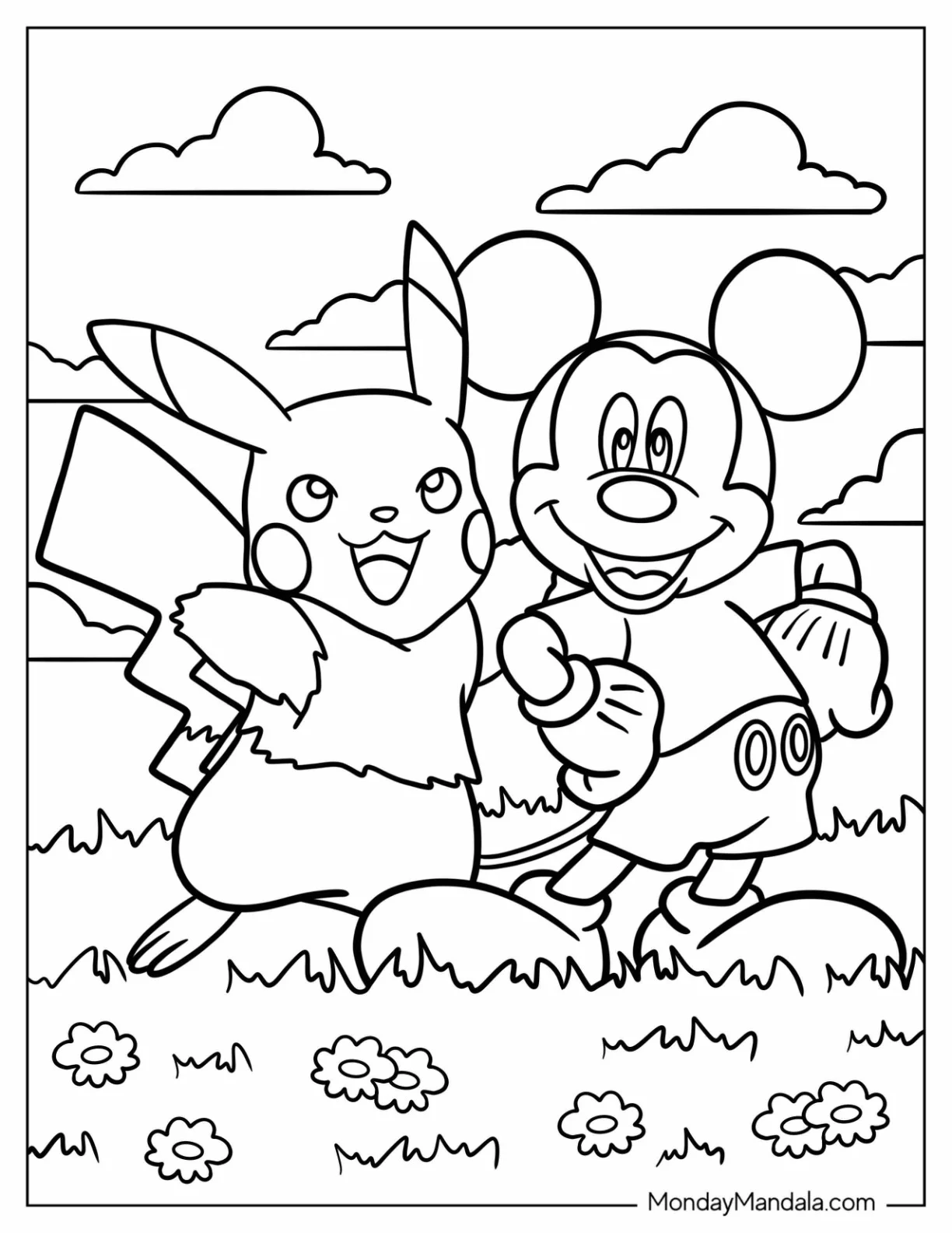 Mickey Mouse Coloring Page Standing On A Field With Pikachu For Kids coloring page — printable line art