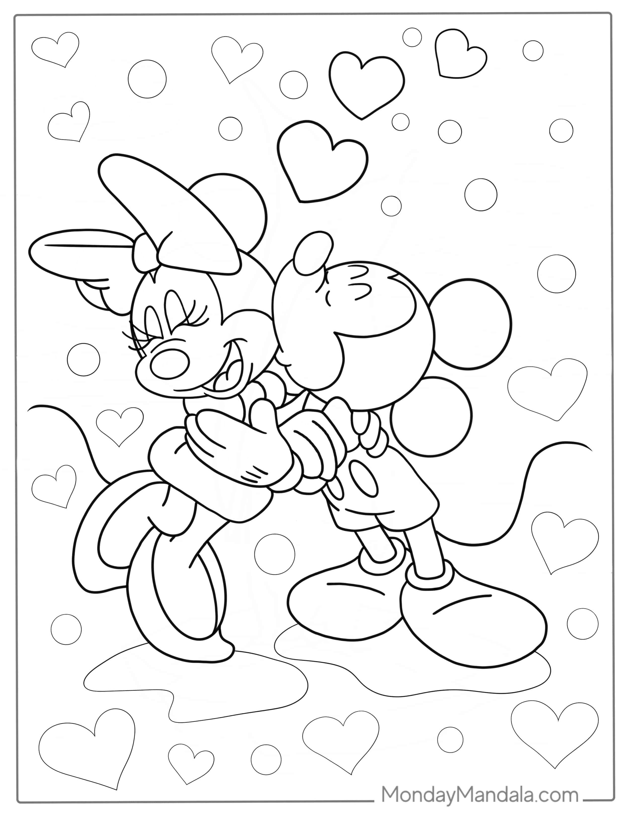 Mickey Mouse Kissing Minnie Coloring Sheet coloring page — printable line art