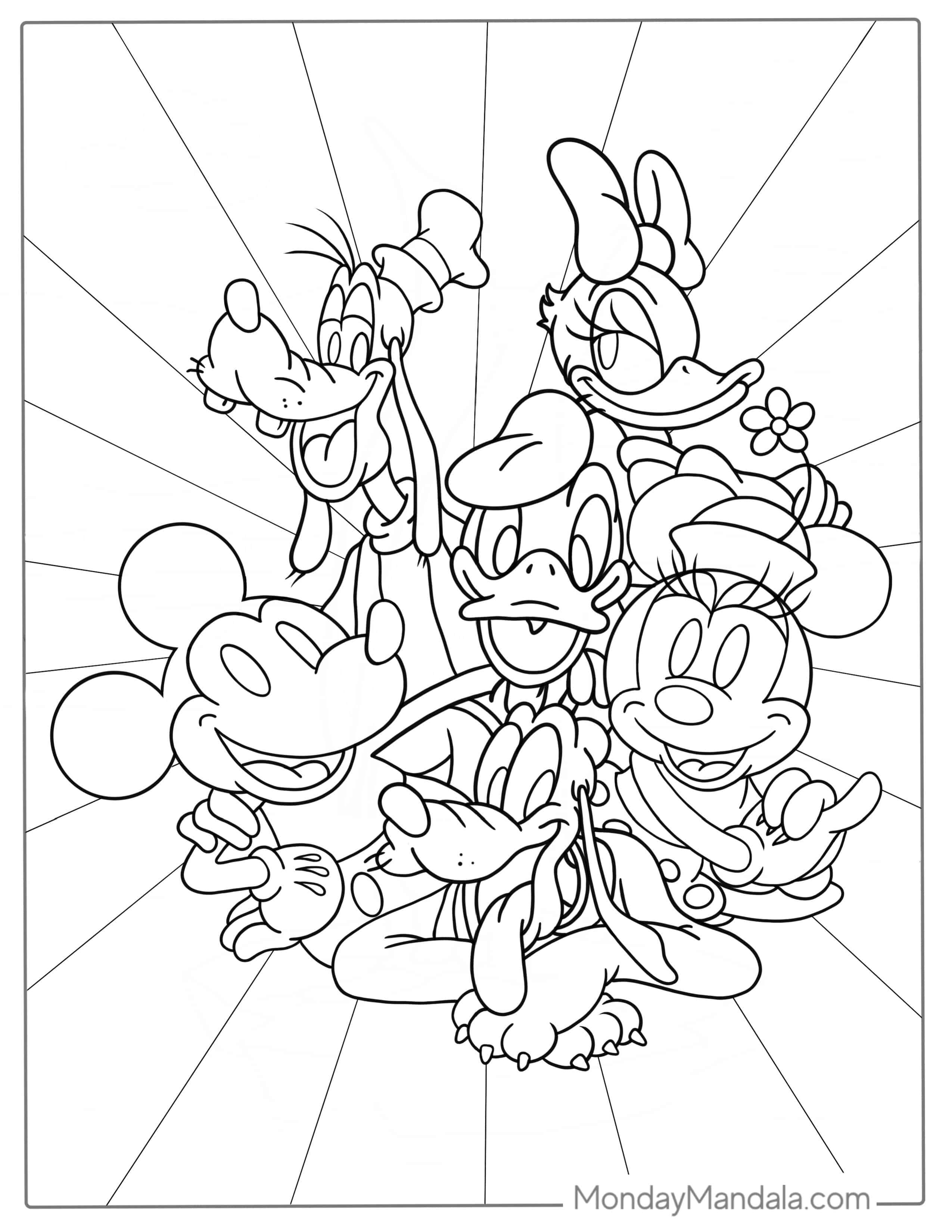 Mickey With Donald, Daffy, Minnie, Pluto, And Goofy coloring page