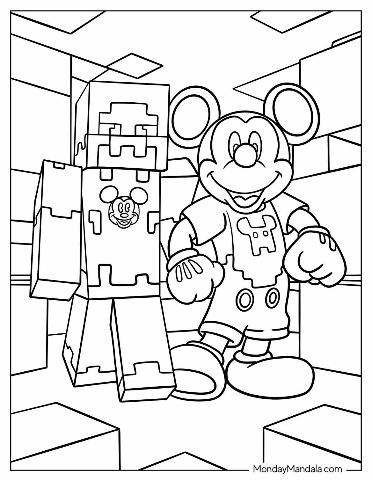 Minecraft Steve With Mickey Mouse Coloring Page For Kids coloring page — printable line art