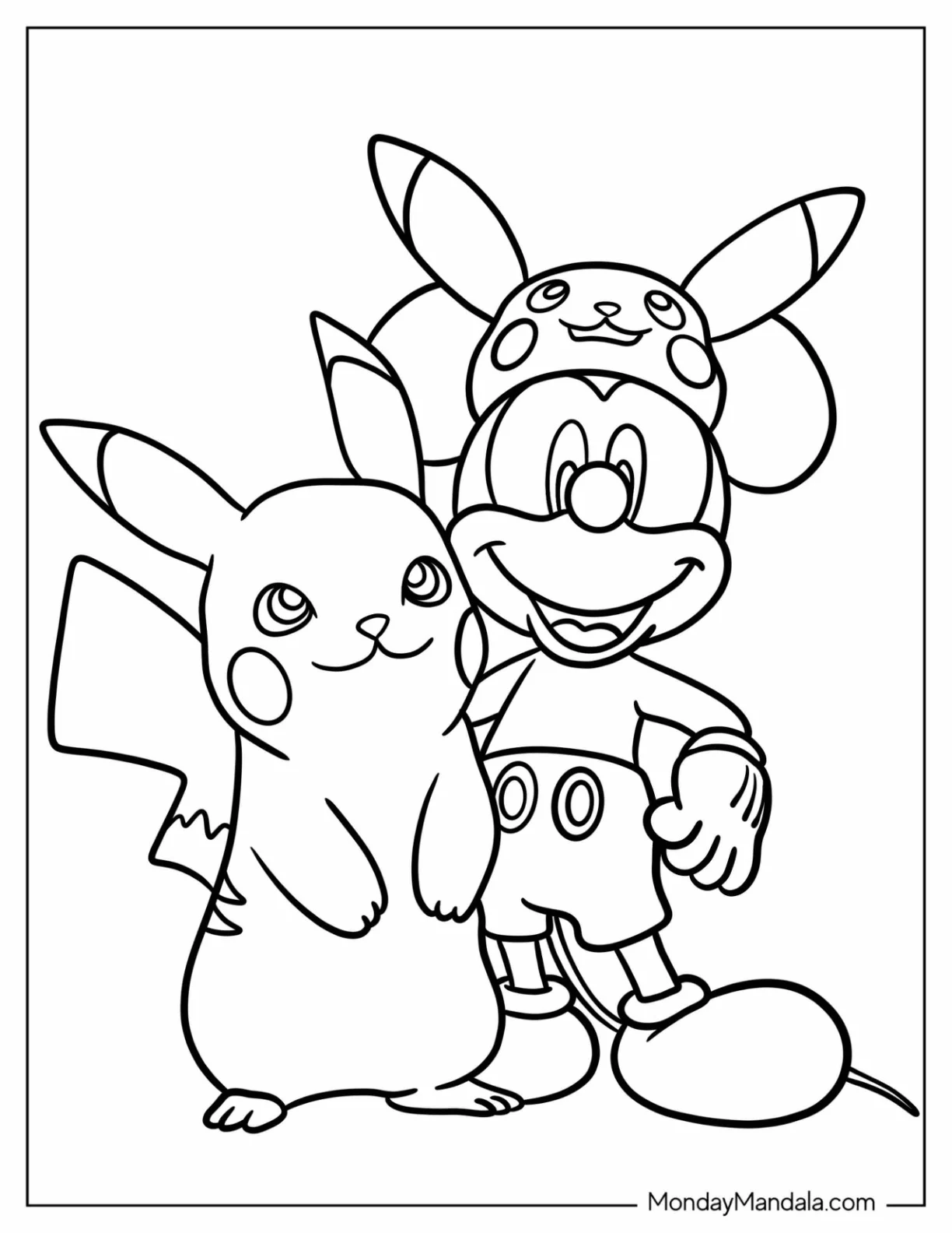 Simple Pikachu With Mickey Mouse Coloring Page For Kids coloring page — printable line art