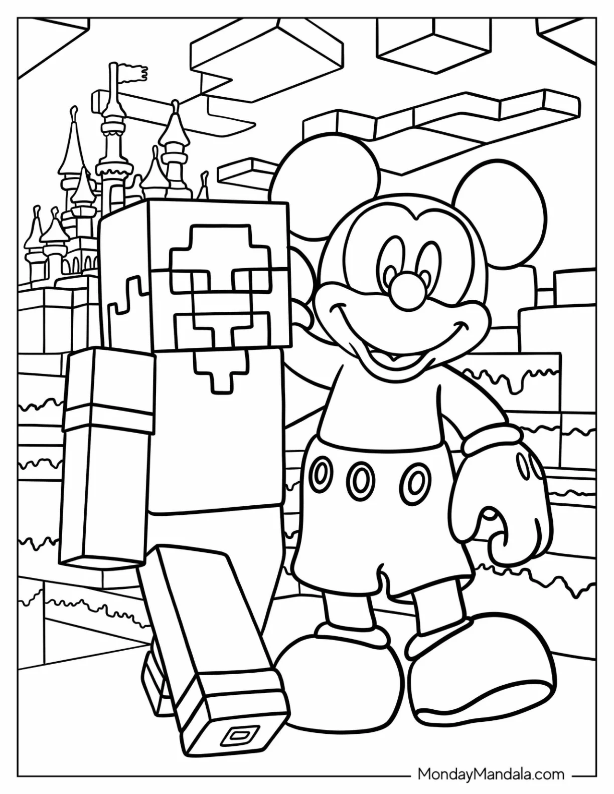 Smiling Mickey Mouse Coloring Page Walking With Minecraft Steve coloring page — printable line art