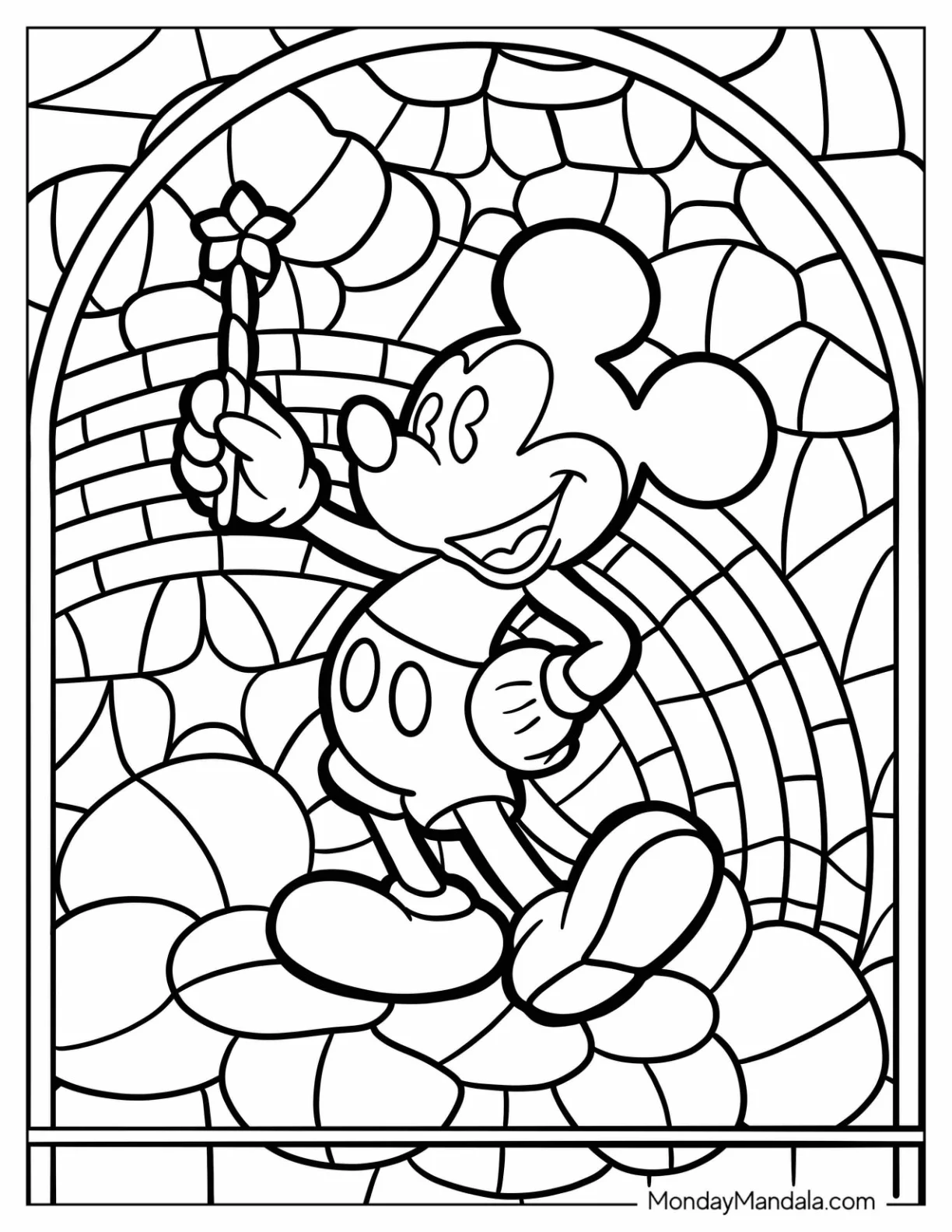 Stained Glass Mickey Mouse Coloring Page Holding Up A Flower coloring page — printable line art