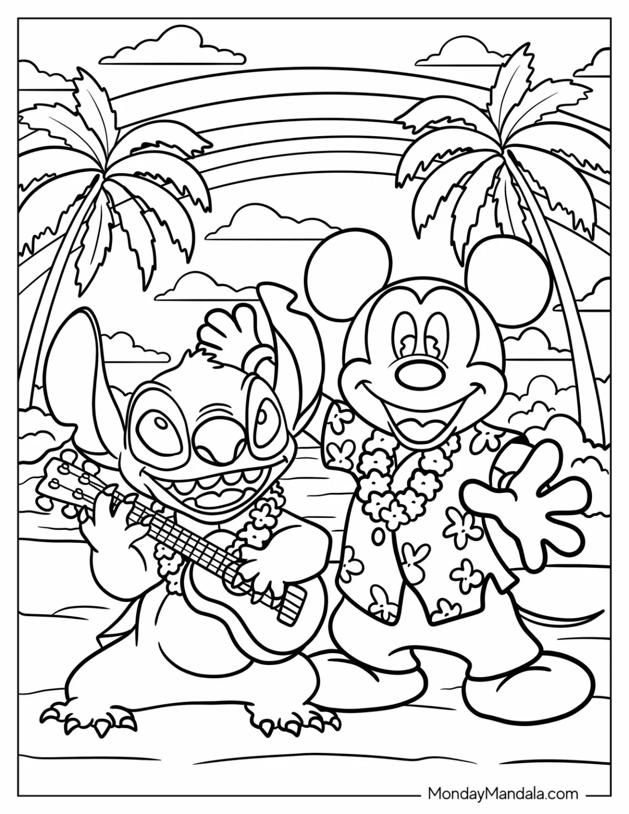 Stitch And Mickey Mouse Coloring Page Dancing On The Beach Coloring Page coloring page — printable line art