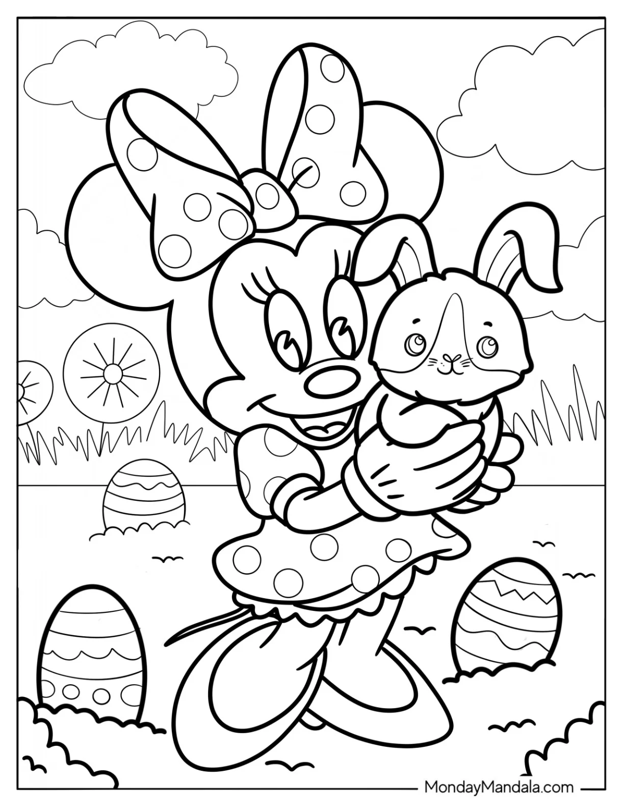 Adorable Baby Minnie Mouse Coloring Page With A Rabbit For Kids coloring page