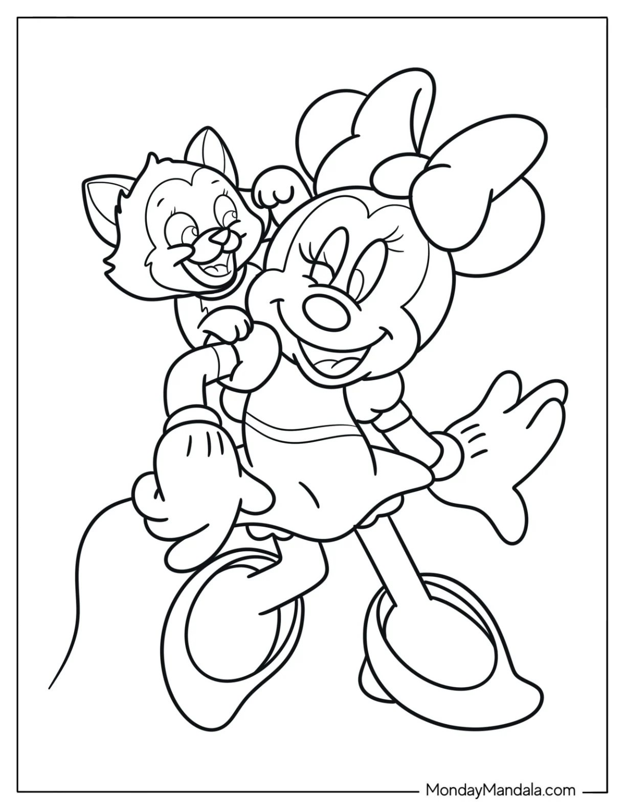 Cute Minnie Mouse Coloring Page Playing With Figaro For Kids coloring page