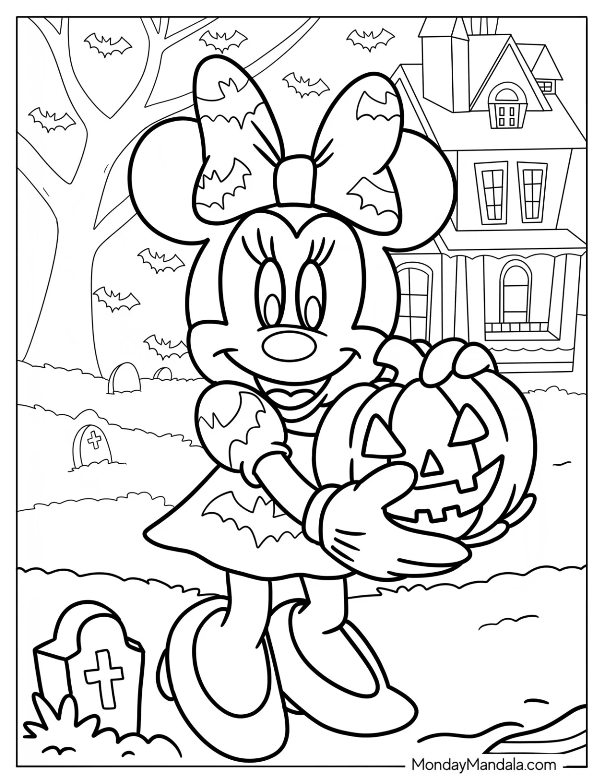 Halloween Minnie Mouse Coloring Page With Jack O Lanterns And Haunted House coloring page