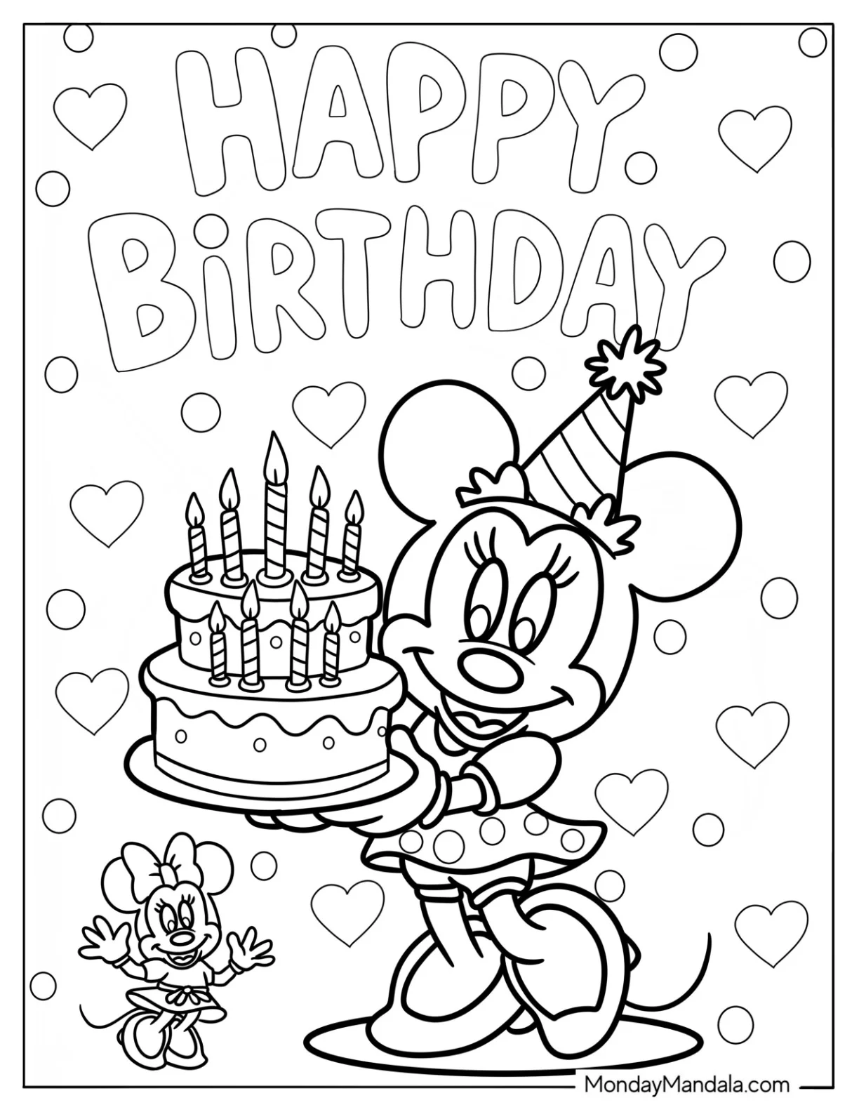 Happy Birthday Minnie Mouse Coloring Page With Cake coloring page