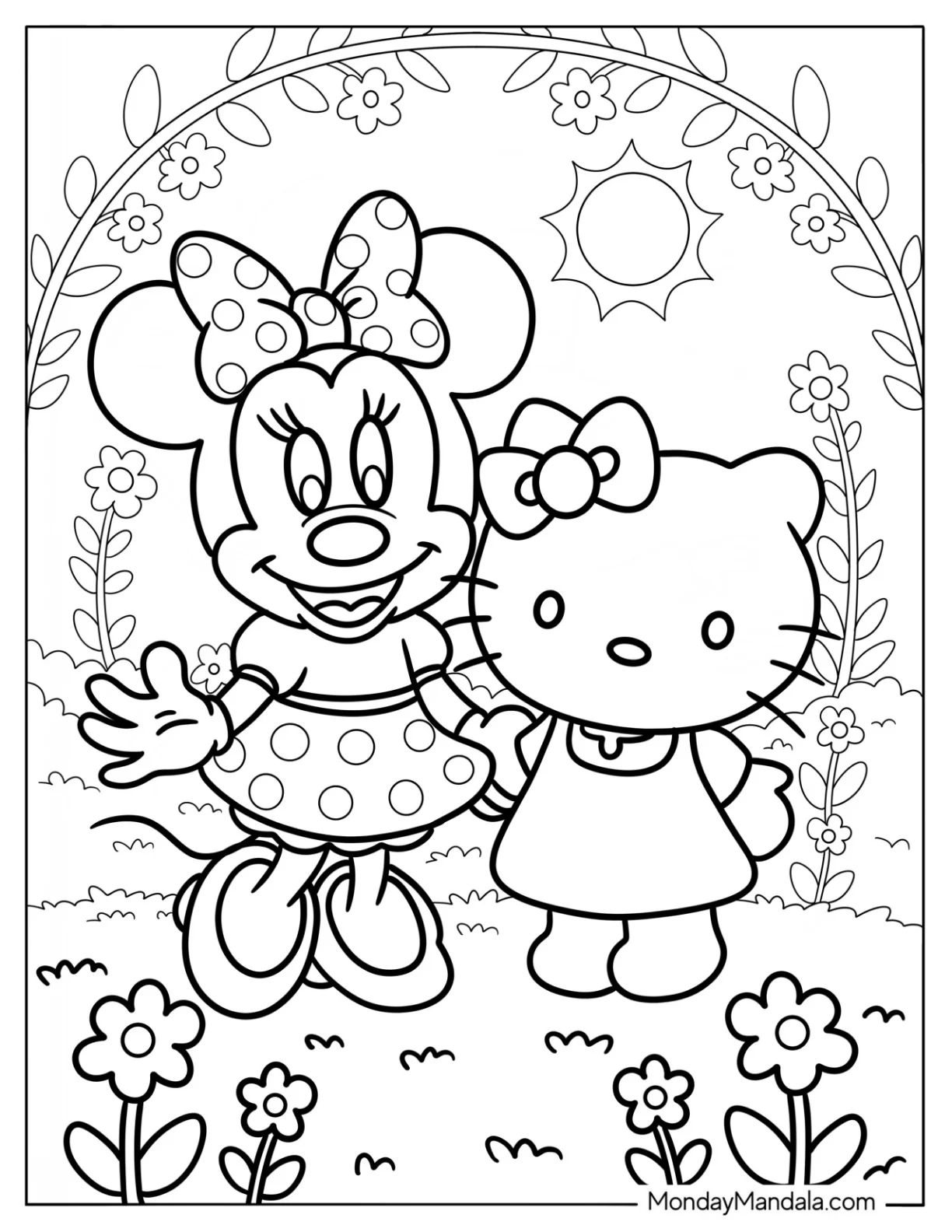 Hello Kitty And Minnie Mouse Coloring Page With Flowers For Kids coloring page
