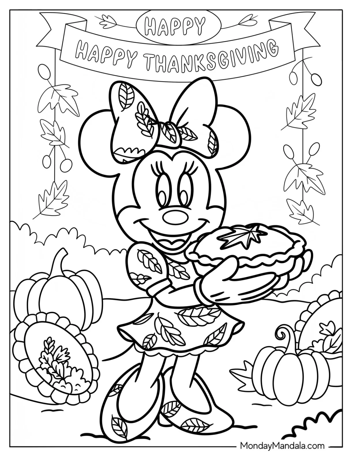Minnie Mouse Coloring Page Carrying Thanksgiving Pie coloring page