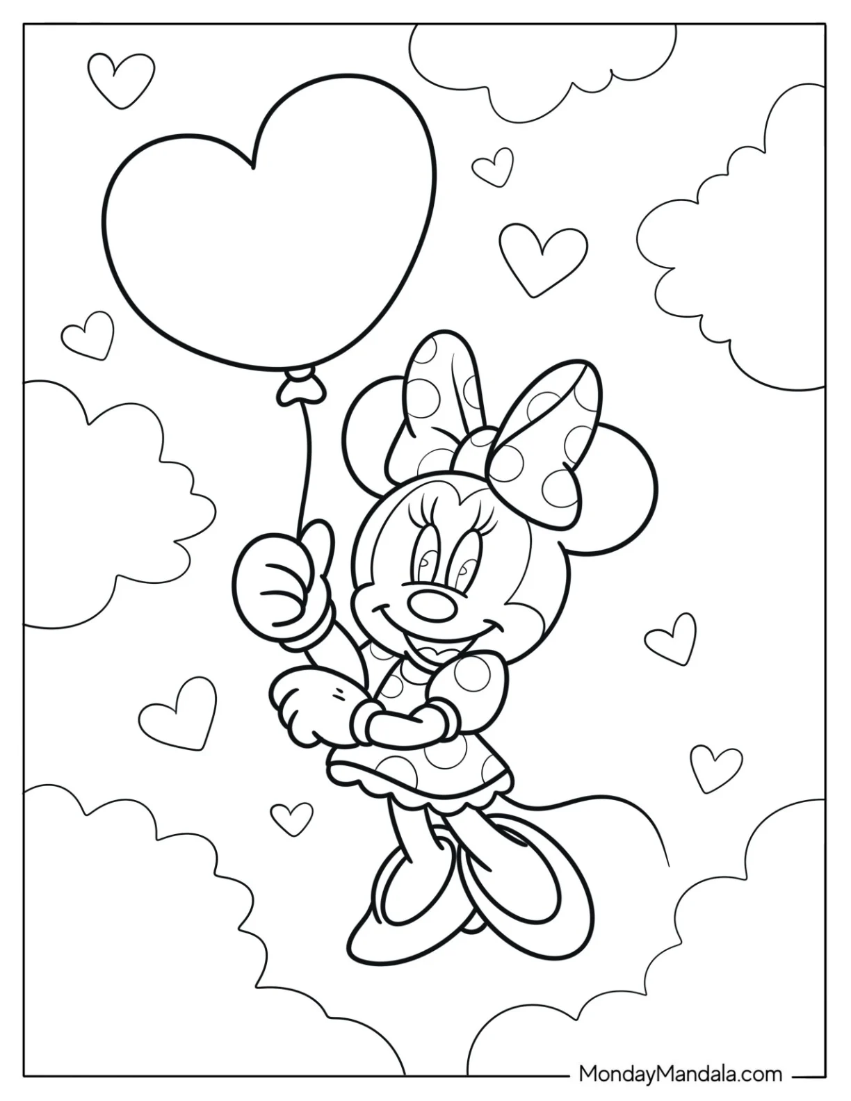 Minnie Mouse Coloring Page Holding Balloon In The Clouds coloring page