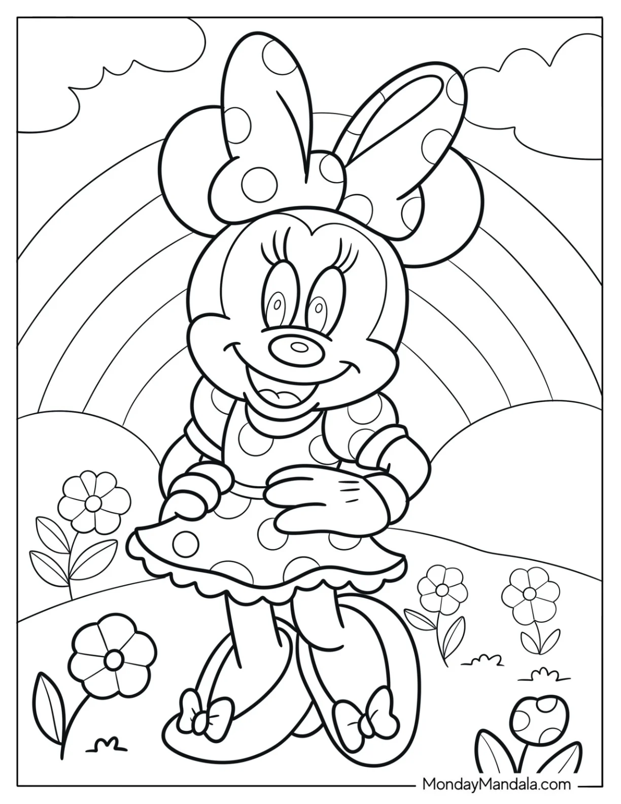 Minnie Mouse Coloring Page With Flowers And Rainbow coloring page