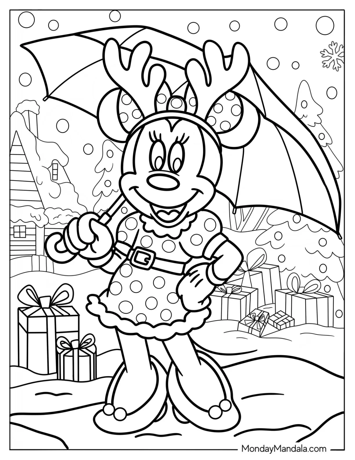 Minnie Mouse Coloring Page With Reindeer Antlers In Winter coloring page