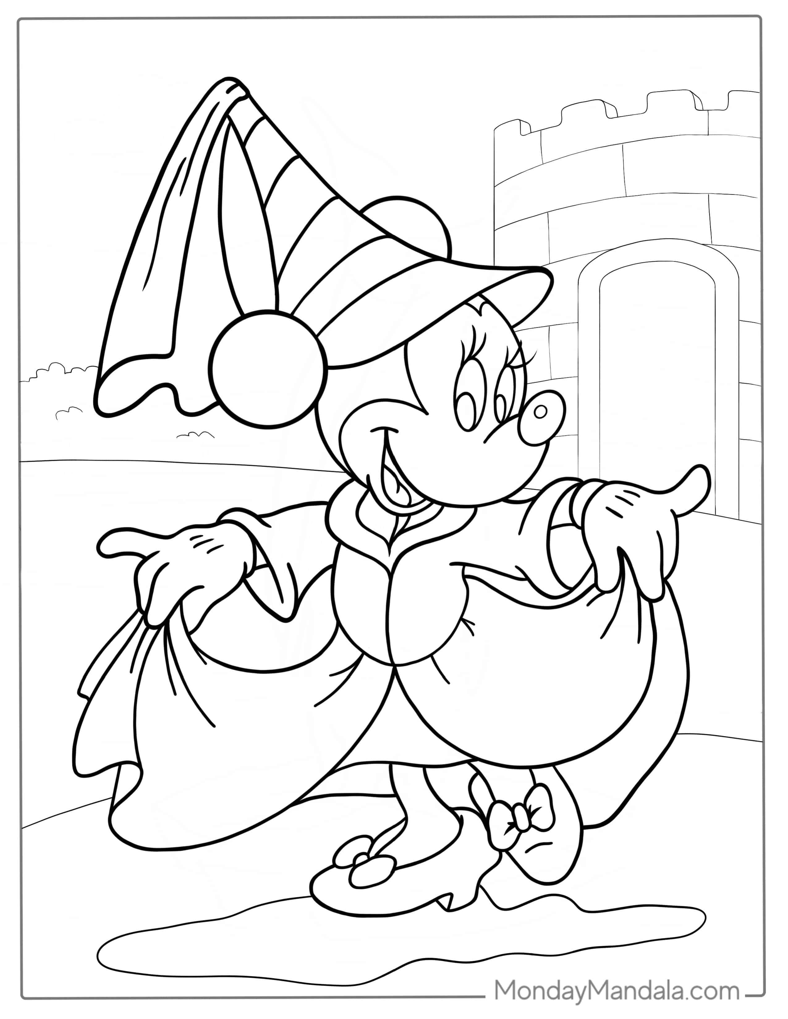Minnie Mouse In Front Of Castle To Color coloring page