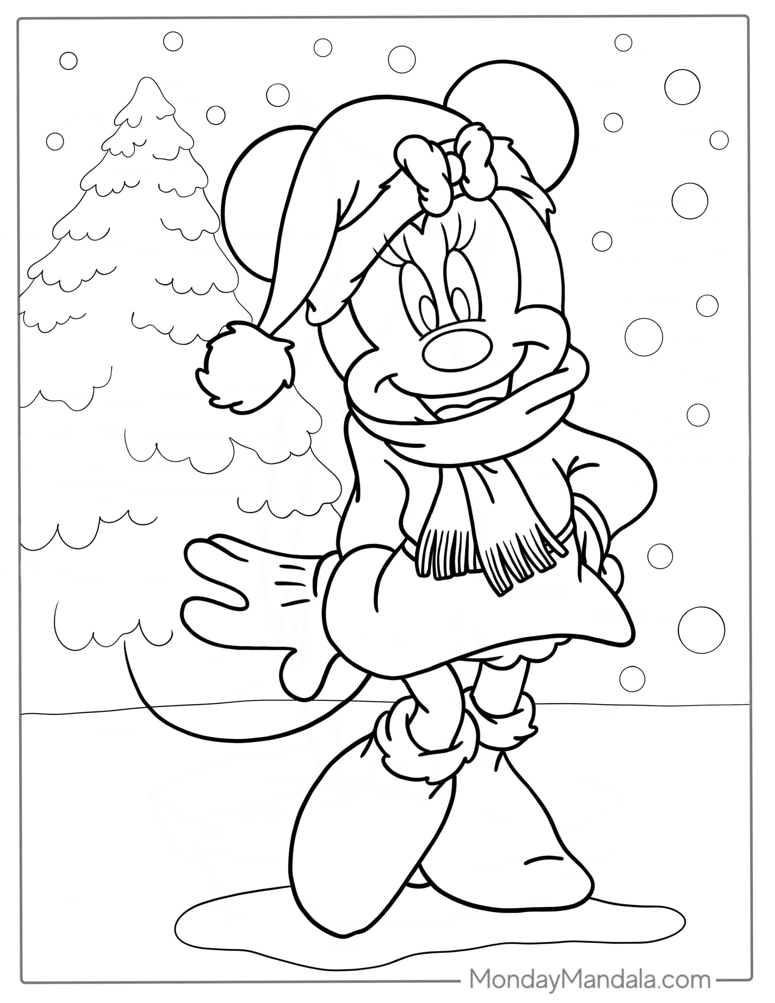Minnie Mouse Wearing Santa Hat In Snow To Color coloring page