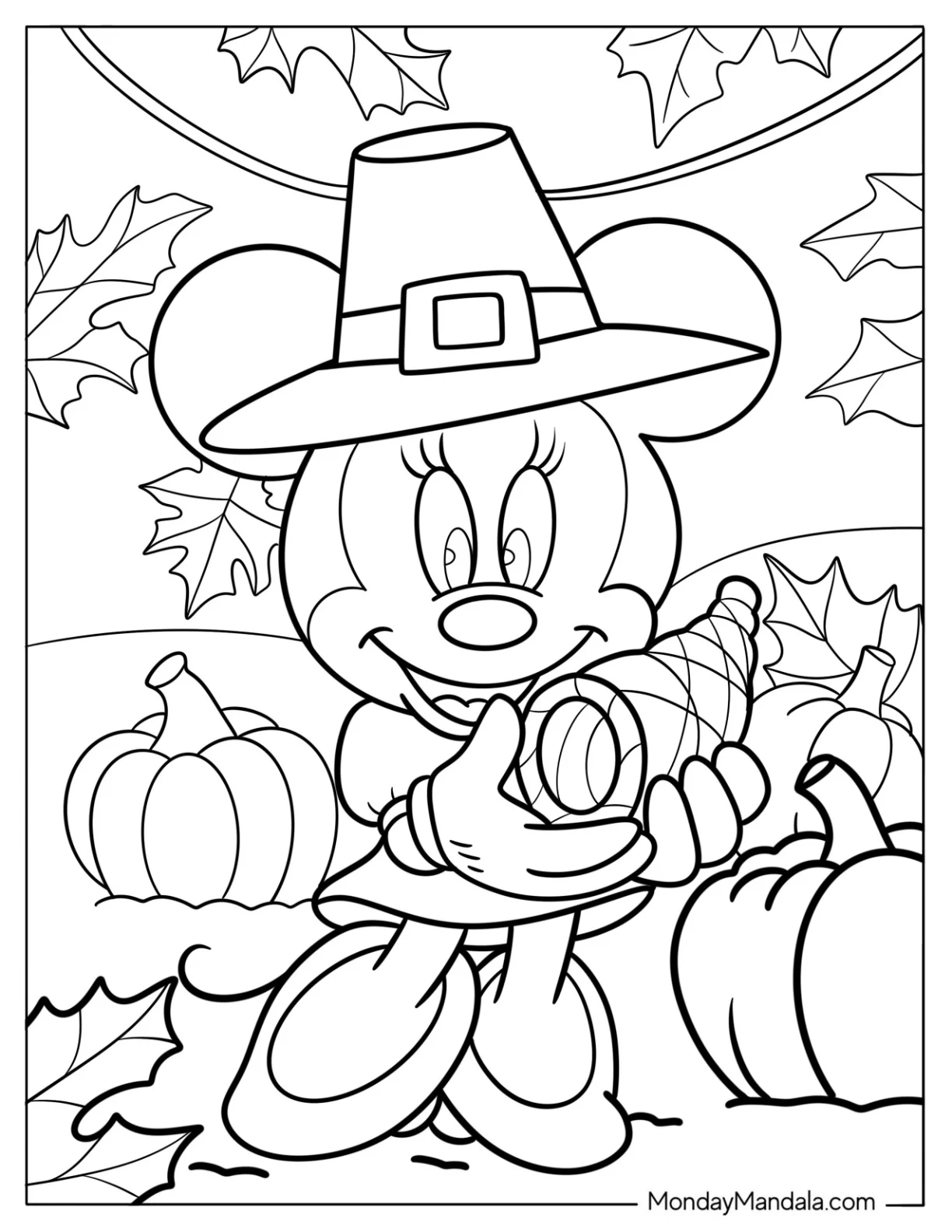 Pilgrim Minnie Mouse Coloring Page Holding Cornucopia On Thanksgiving coloring page