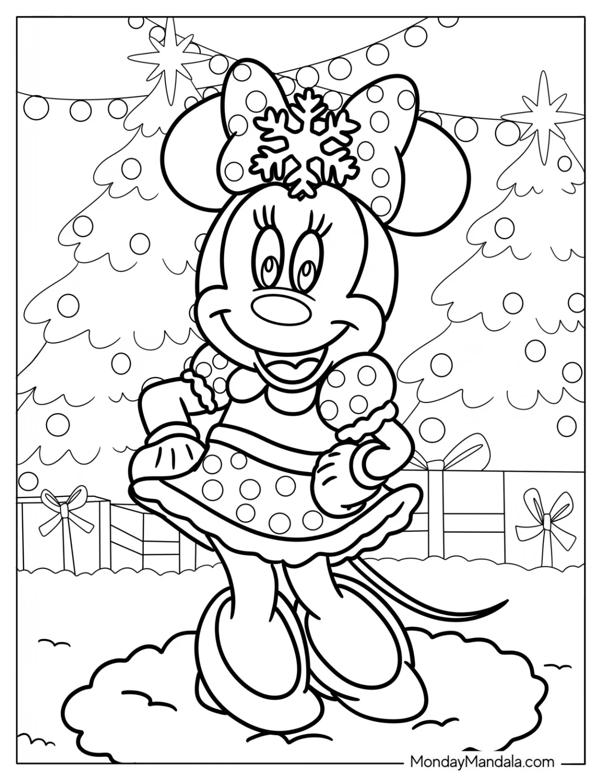 Pretty Minnie Mouse Coloring Page With Christmas Trees And Presents coloring page
