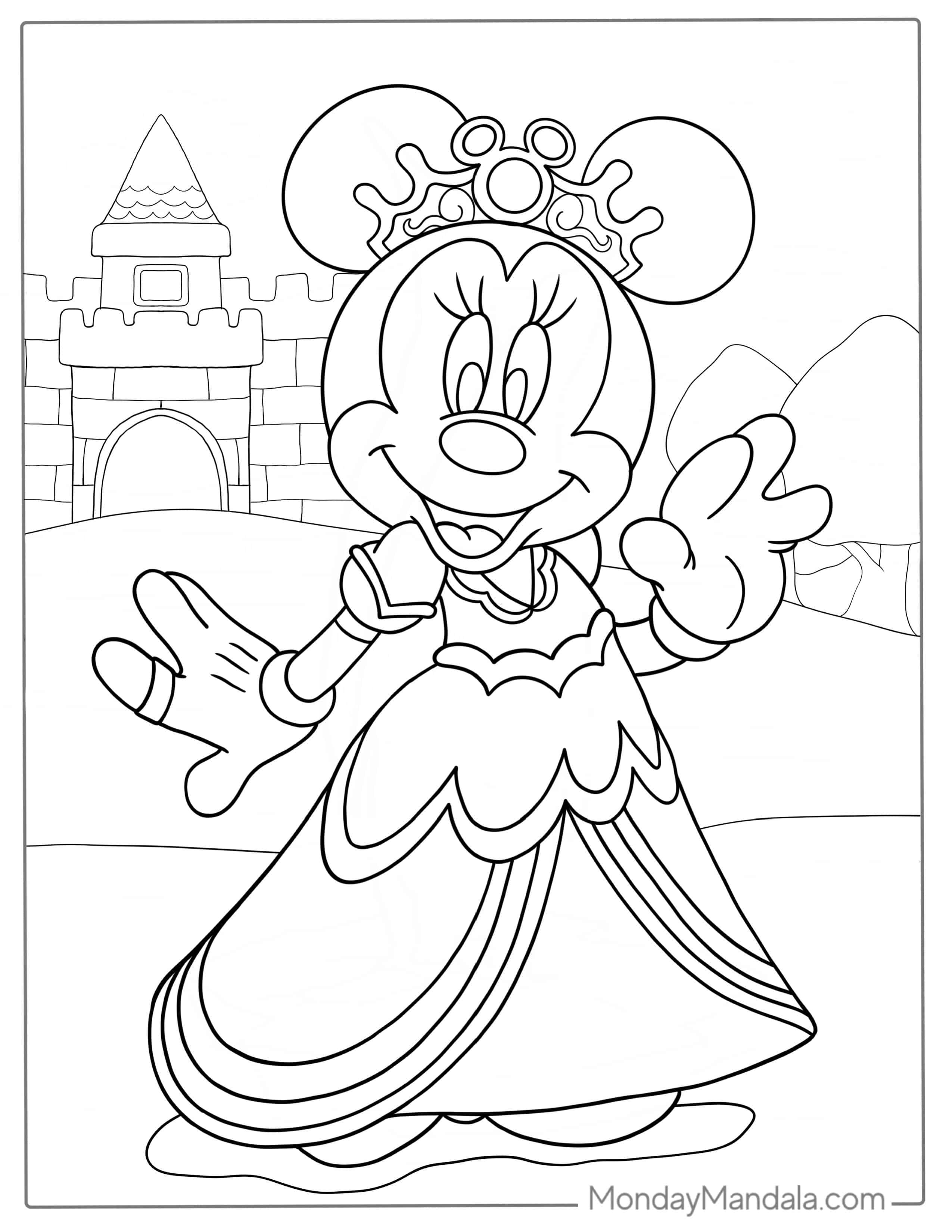 Princess Minnie Mouse Wearing Gown And Crown To Color coloring page