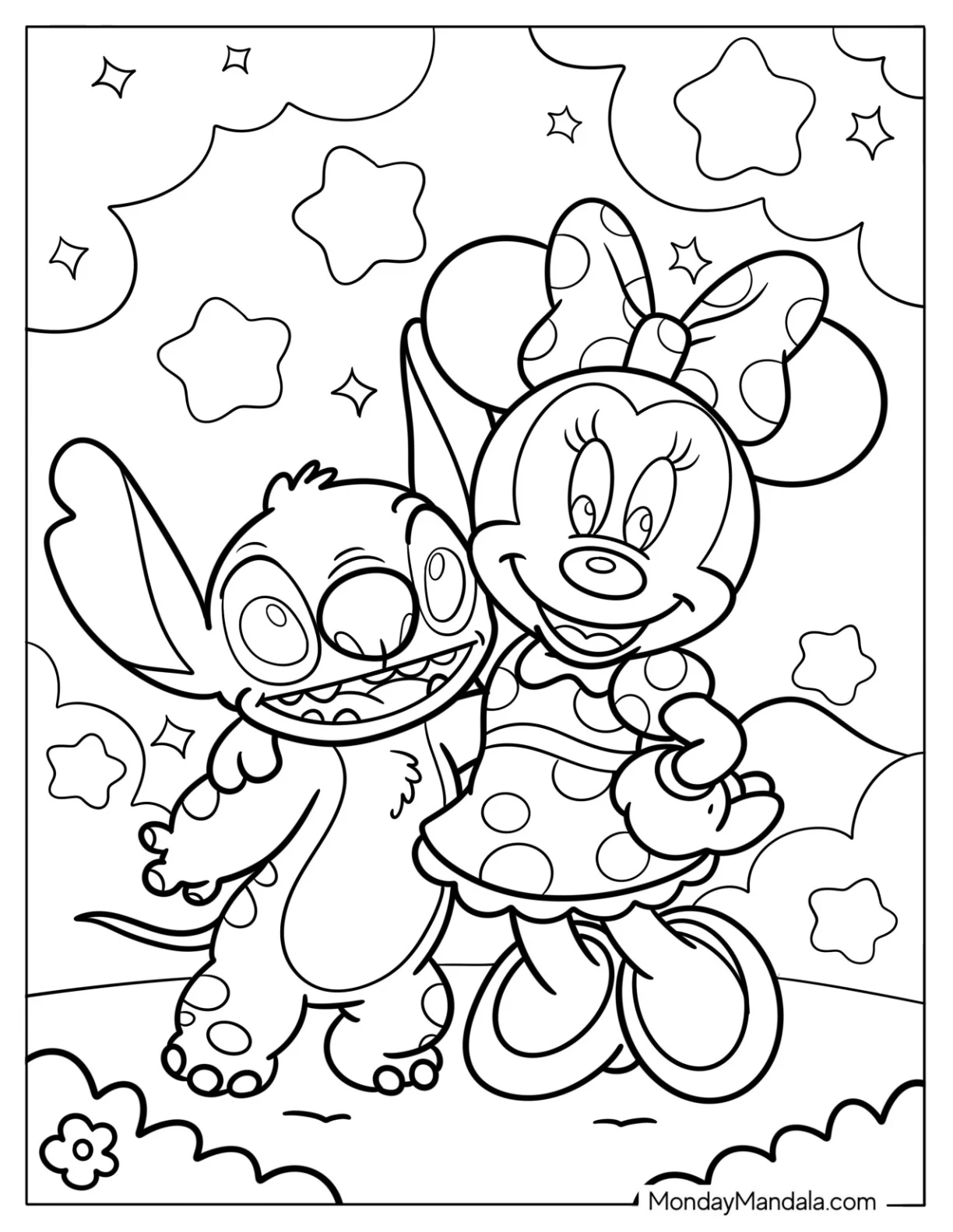 Stitch And Minnie Mouse Coloring Page In Starry Sky coloring page