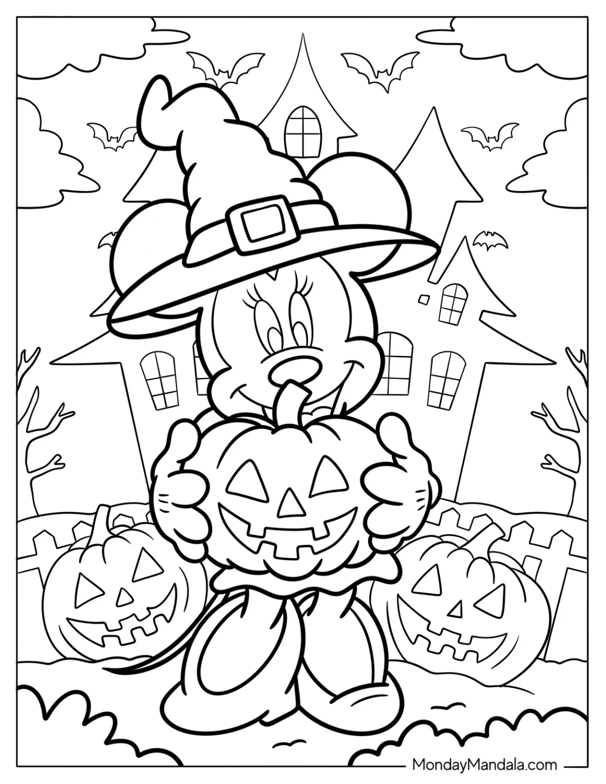 Witch Minnie Mouse Coloring Page Holding Jack O Lantern coloring page