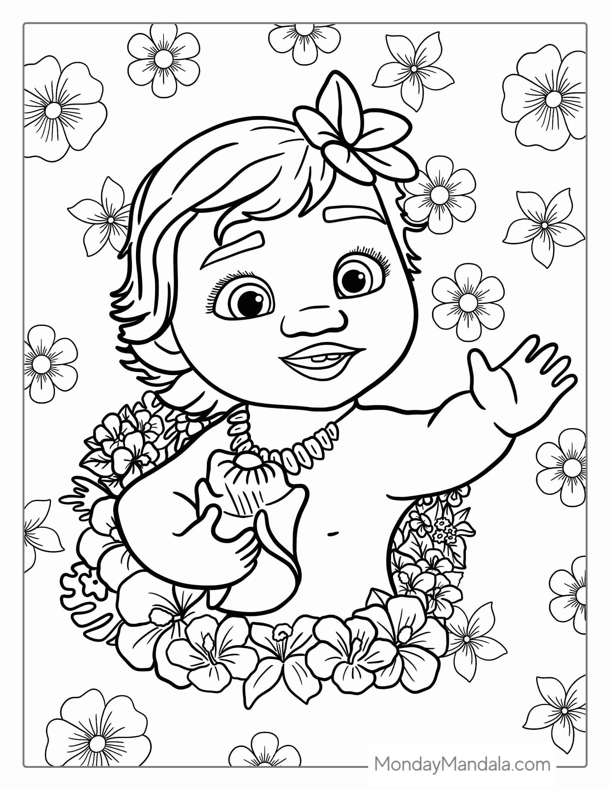 Baby Moana With Flowers Coloring Picture coloring page