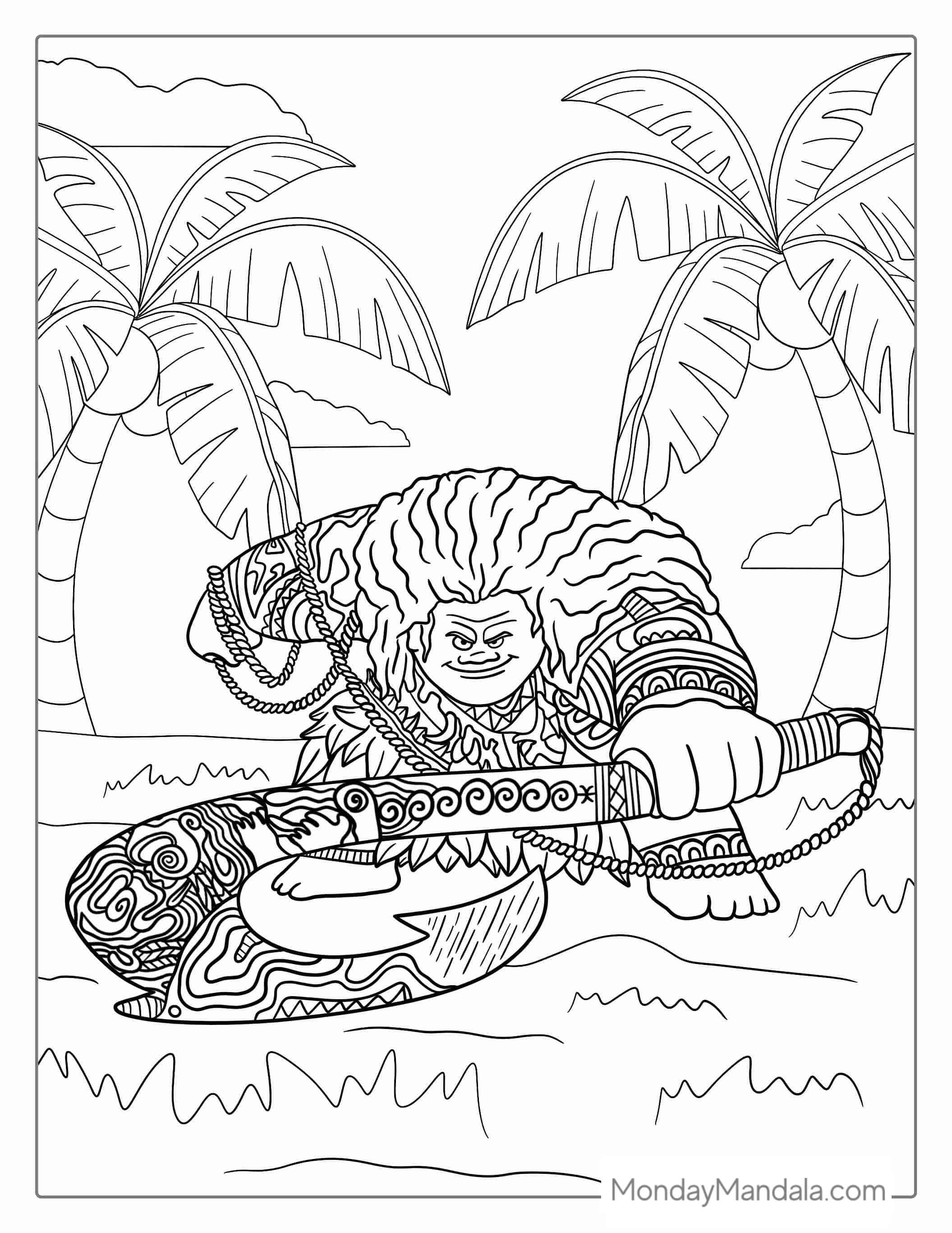 Detailed Maui Holding Bone Fish Hook To Color coloring page
