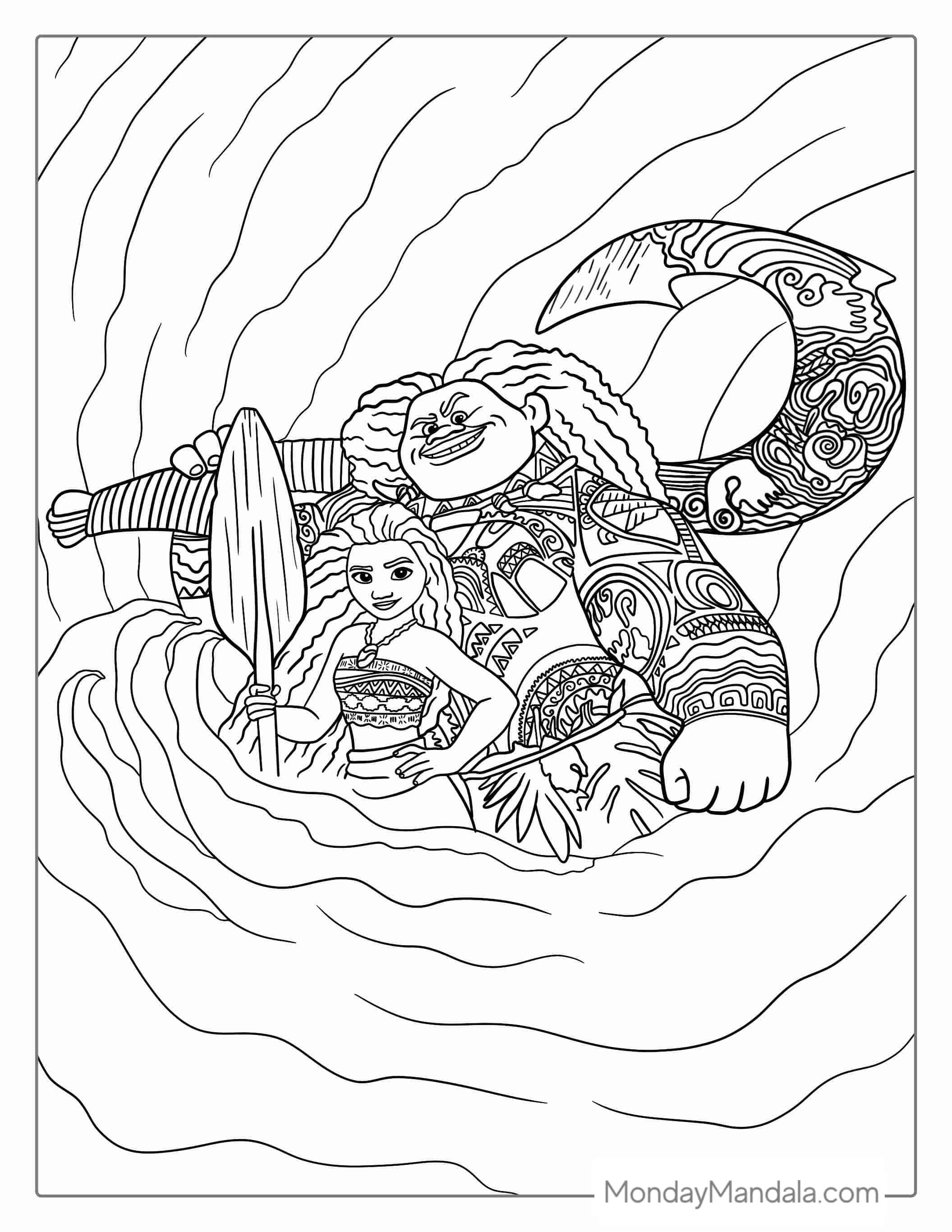 Maui And Moana In The Ocean Coloring Page coloring page