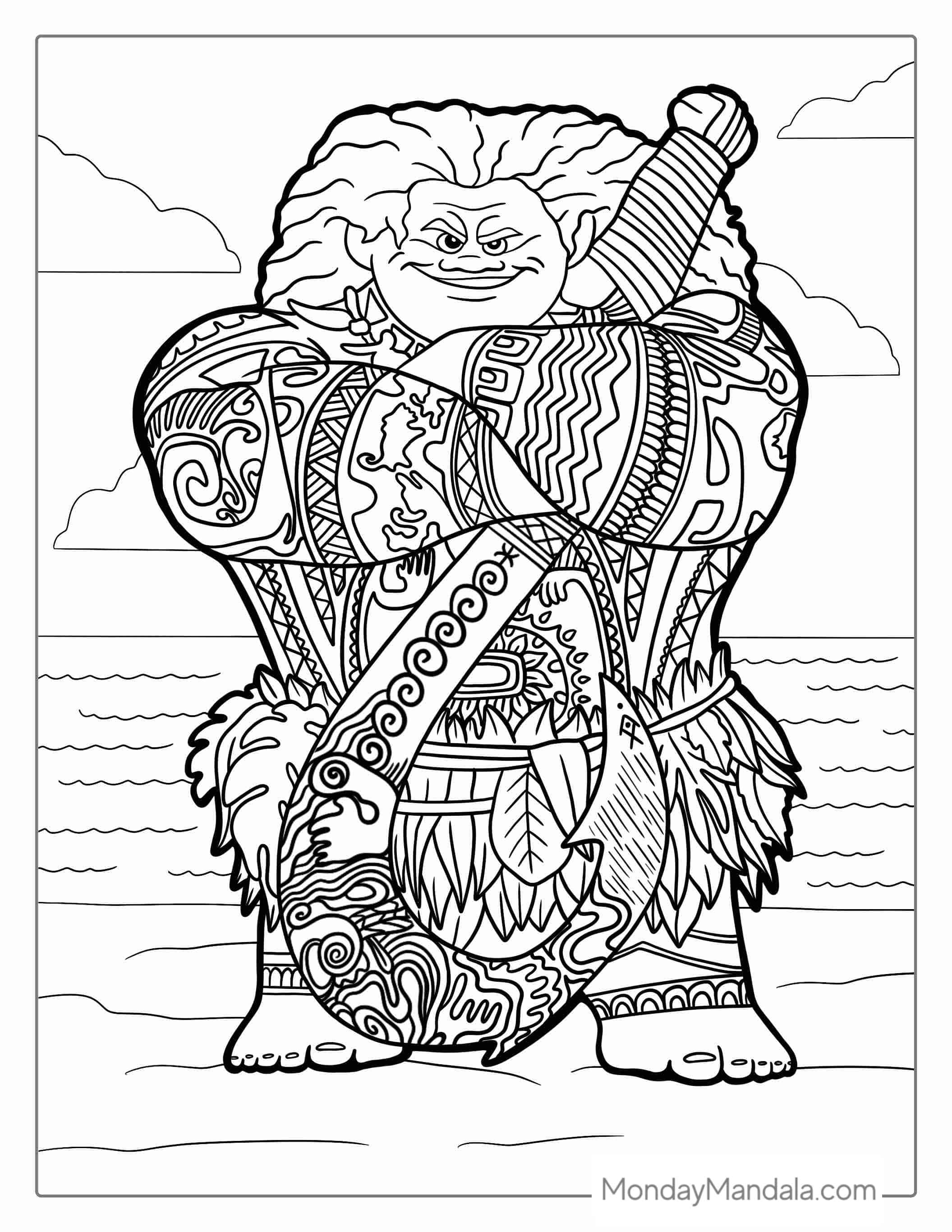 Maui Standing On The Beach With His Fish Hook coloring page