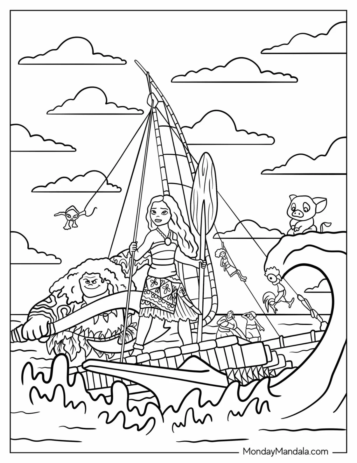 Moana Coloring Page Of A Ship With Maui, Kele, Loto, Moni, Pua, And Heihei coloring page