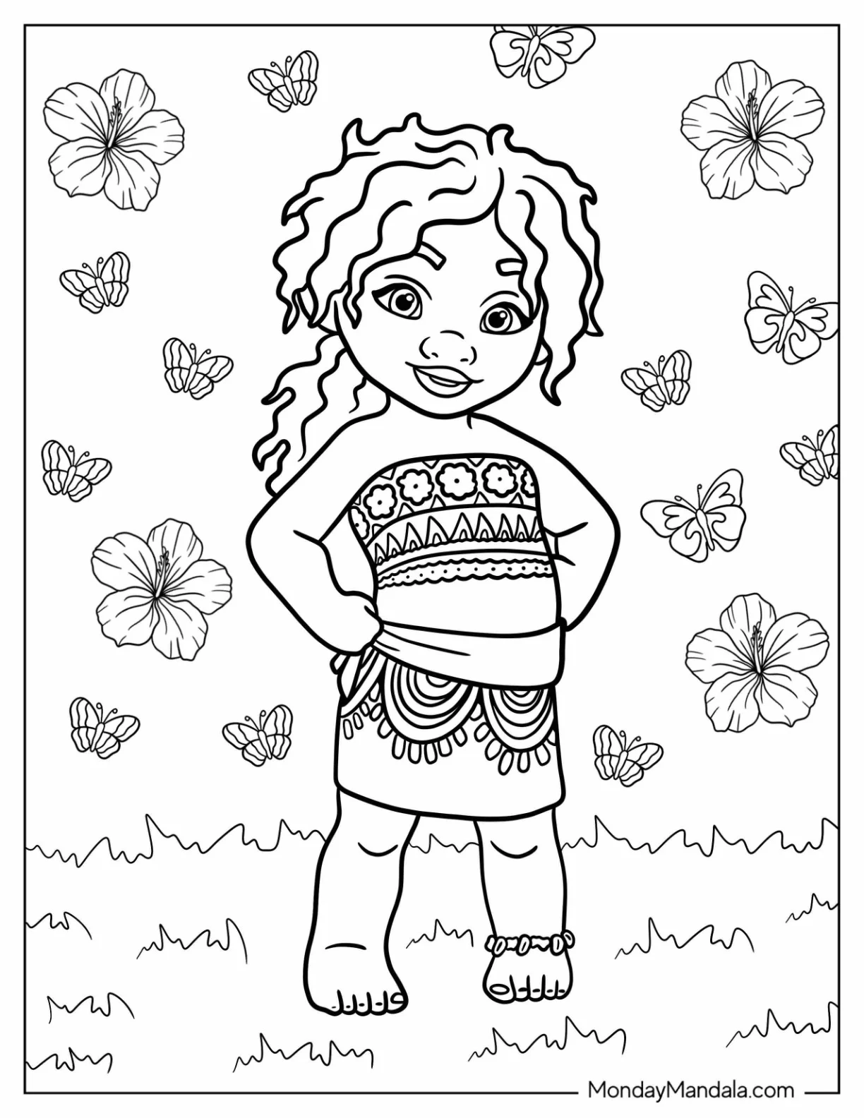 Moana Coloring Page Of Kawaii Simea With Flowers And Butterflies coloring page — printable line art